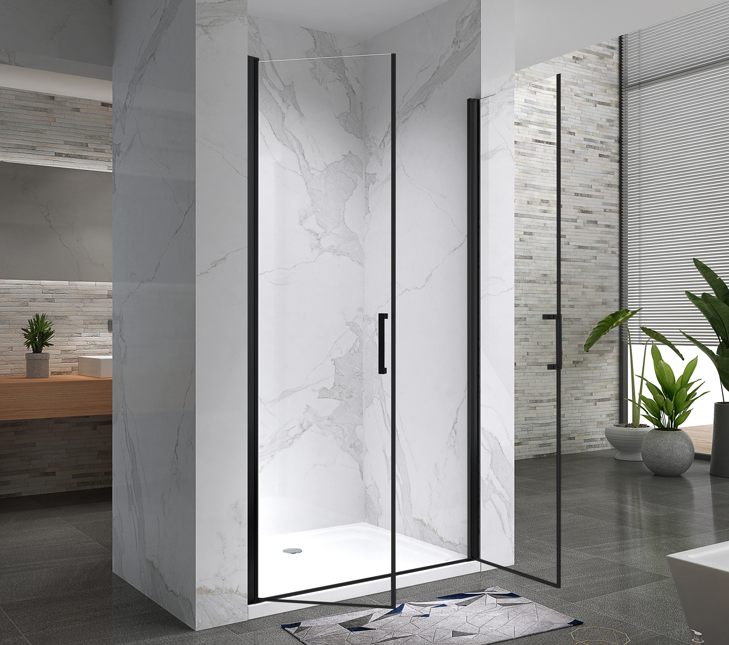 Duschtür Lara BLACK mit Pendeltüren und Edelstahlgriffe 68-140 cm aus ESG Sicherheitsglas 101-104 cm 180 cm Lara – Shower Door BLACK with Hinged Doors and Stainless Steel Handles, 68-104 cm, made of ESG Safety Glass