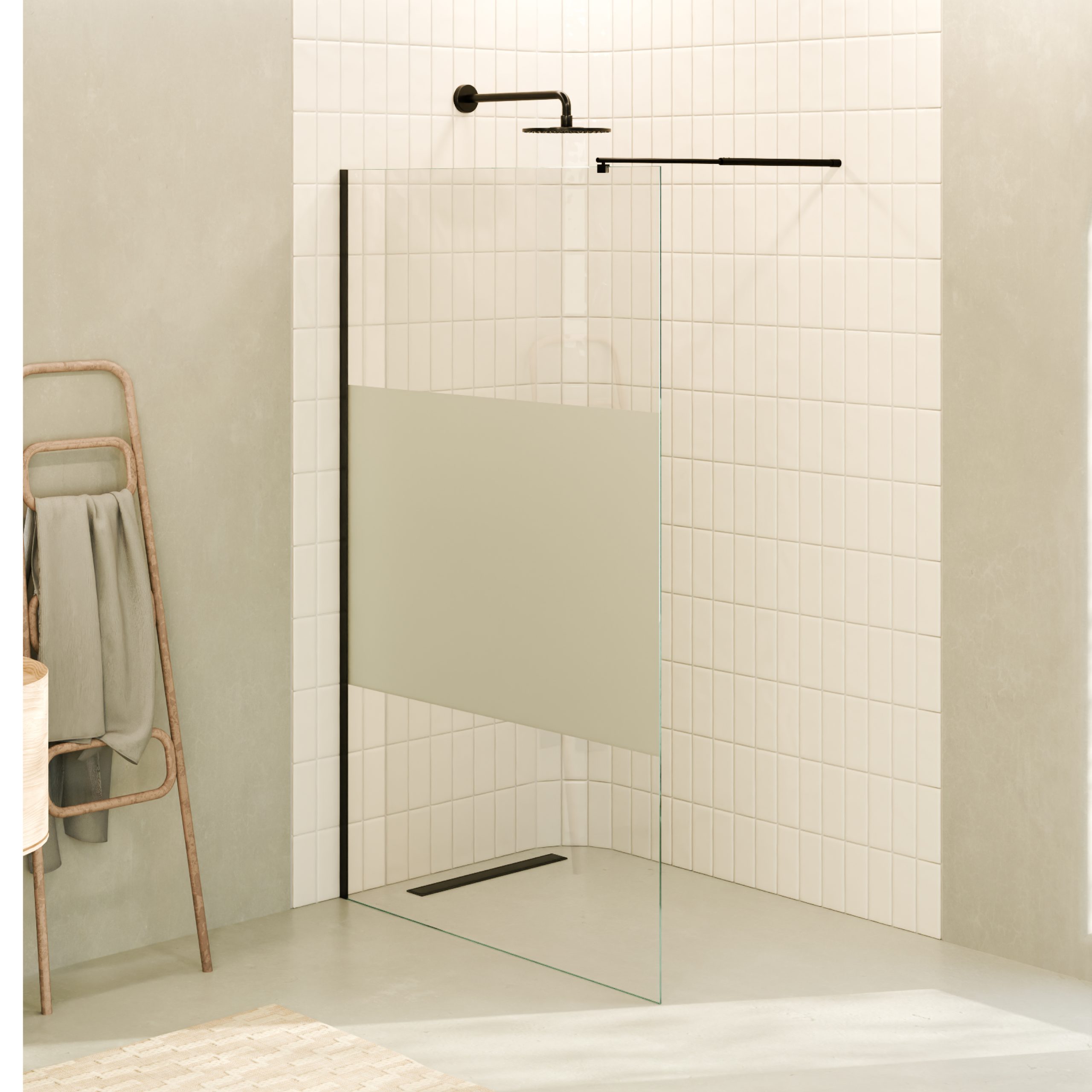 Walk-In Shower Fiona made of 10 mm thick partially frosted ESG safety glass and black aluminum profile.