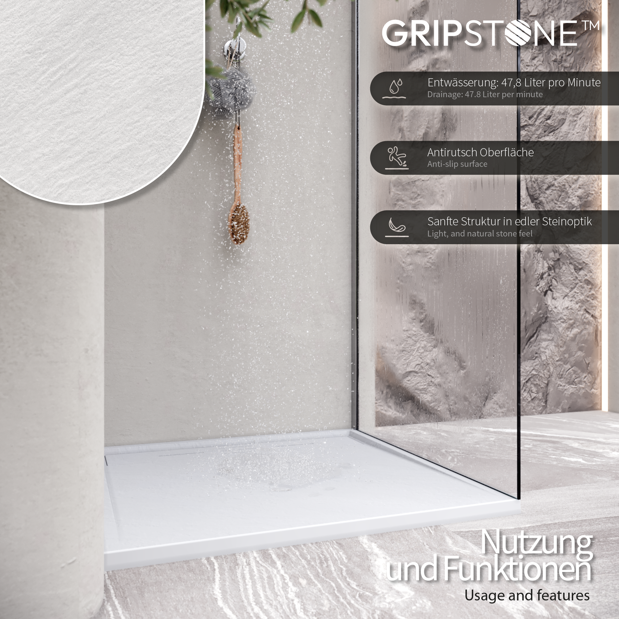 Shower Tray Shimmer STONE made of sanitary acrylic including drainage set - White