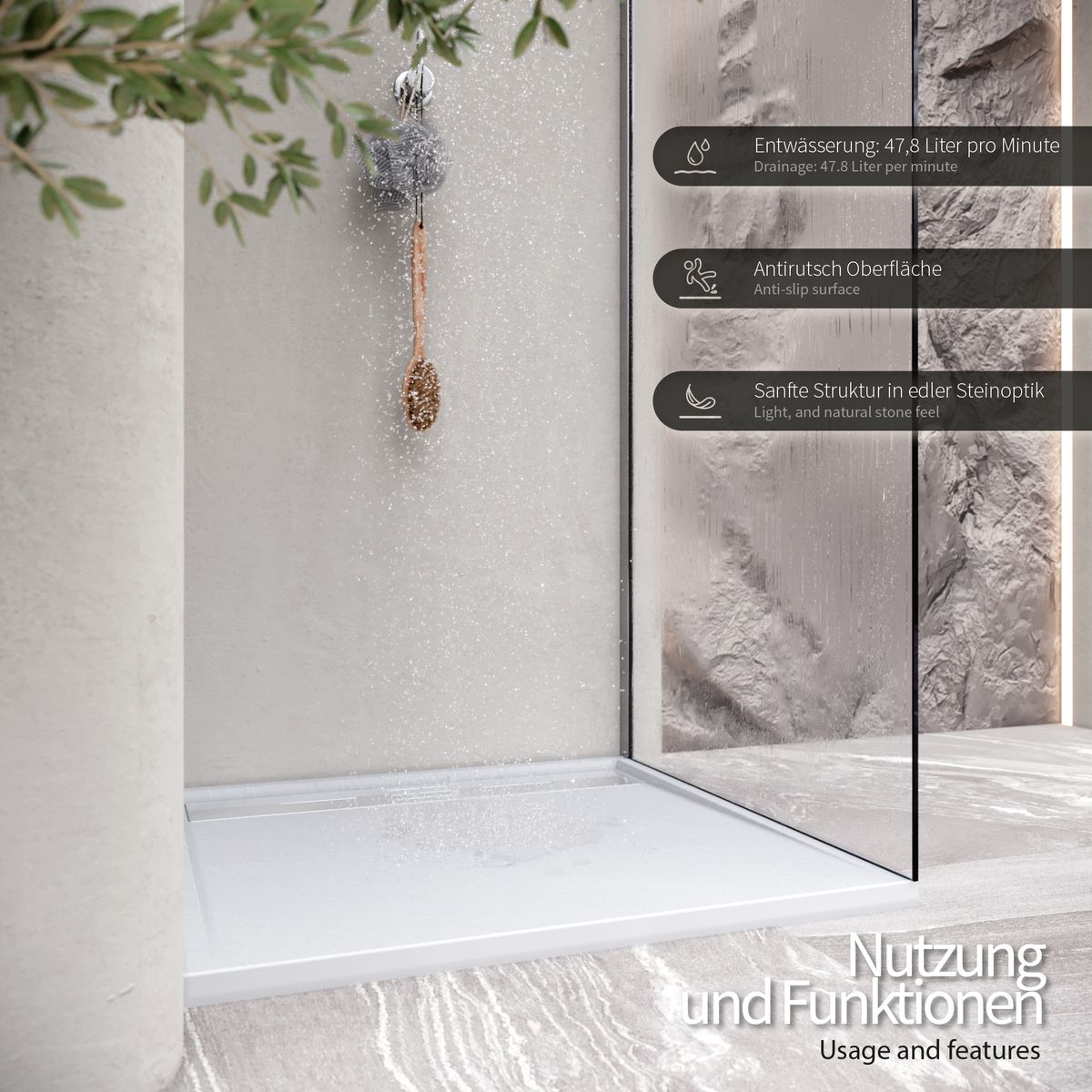 Hiemal – SMC Shower Tray in Slate Finish, including White Drain Assembly with Stainless Steel Cover