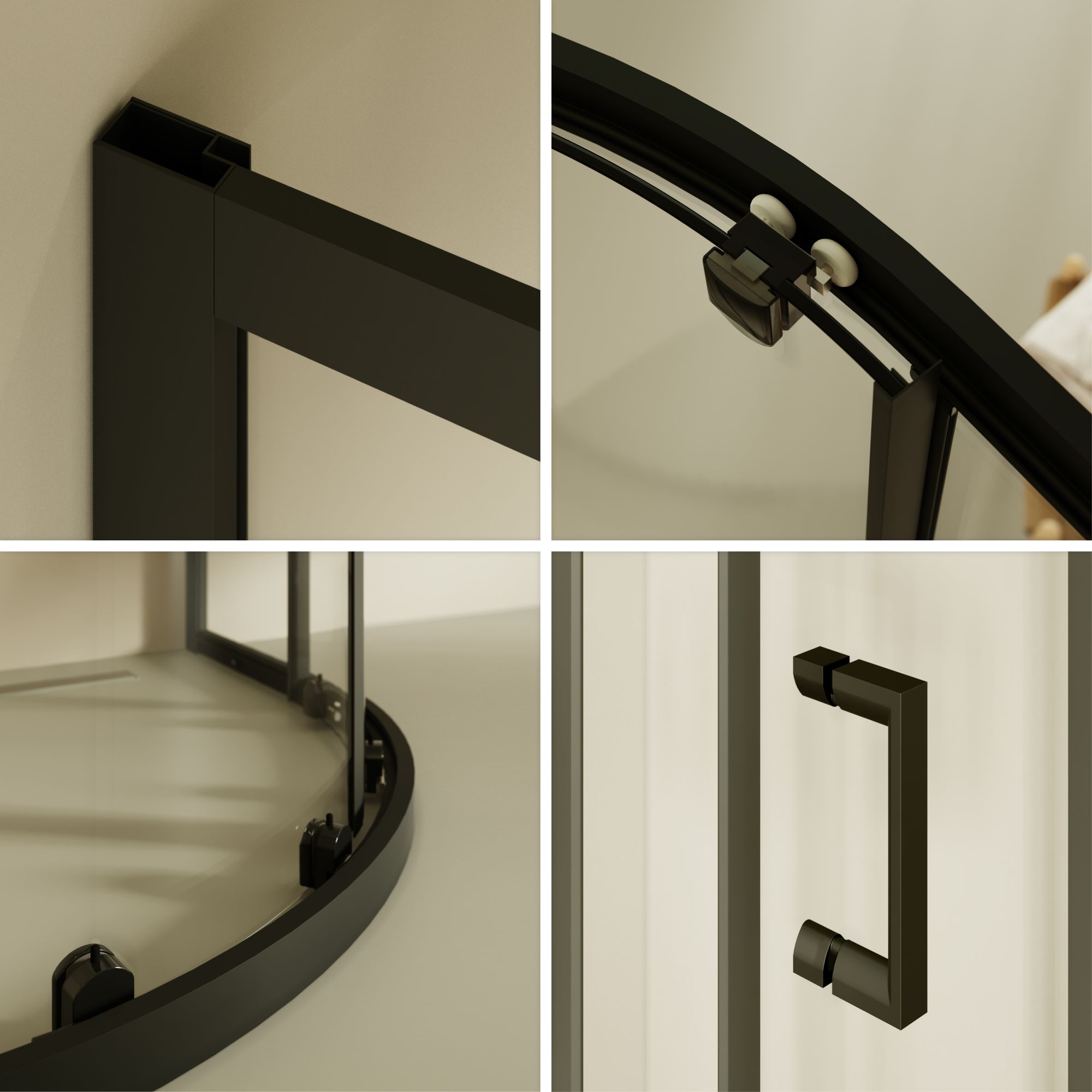 Viertelkreisdusche Ella mit Schiebetüren und schwarzen Profilen aus ESG Sicherheitsglas Viertelkreisdusche Ella mit Schiebetüren und schwarzen Profilen aus ESG Sicherheitsglas