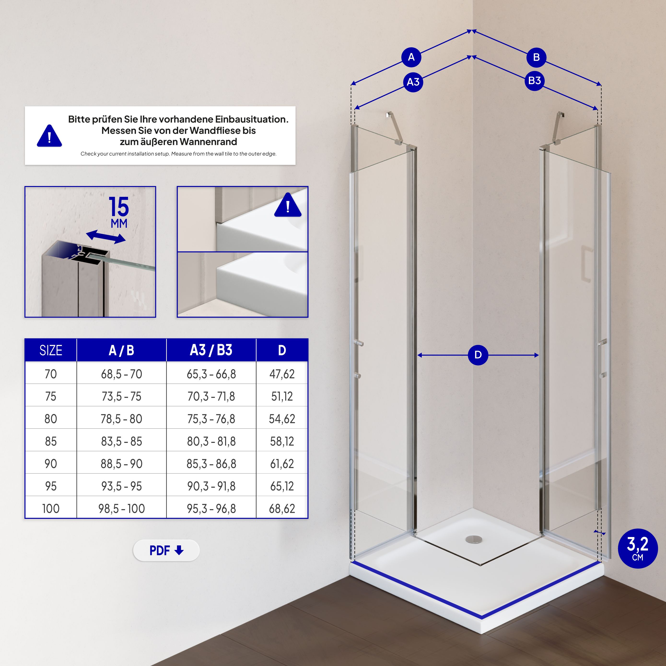 Corner Entry Linda with Folding Doors made of ESG Safety Glass Linda – Eckeinstieg mit Klapptüren aus ESG Sicherheitsglas