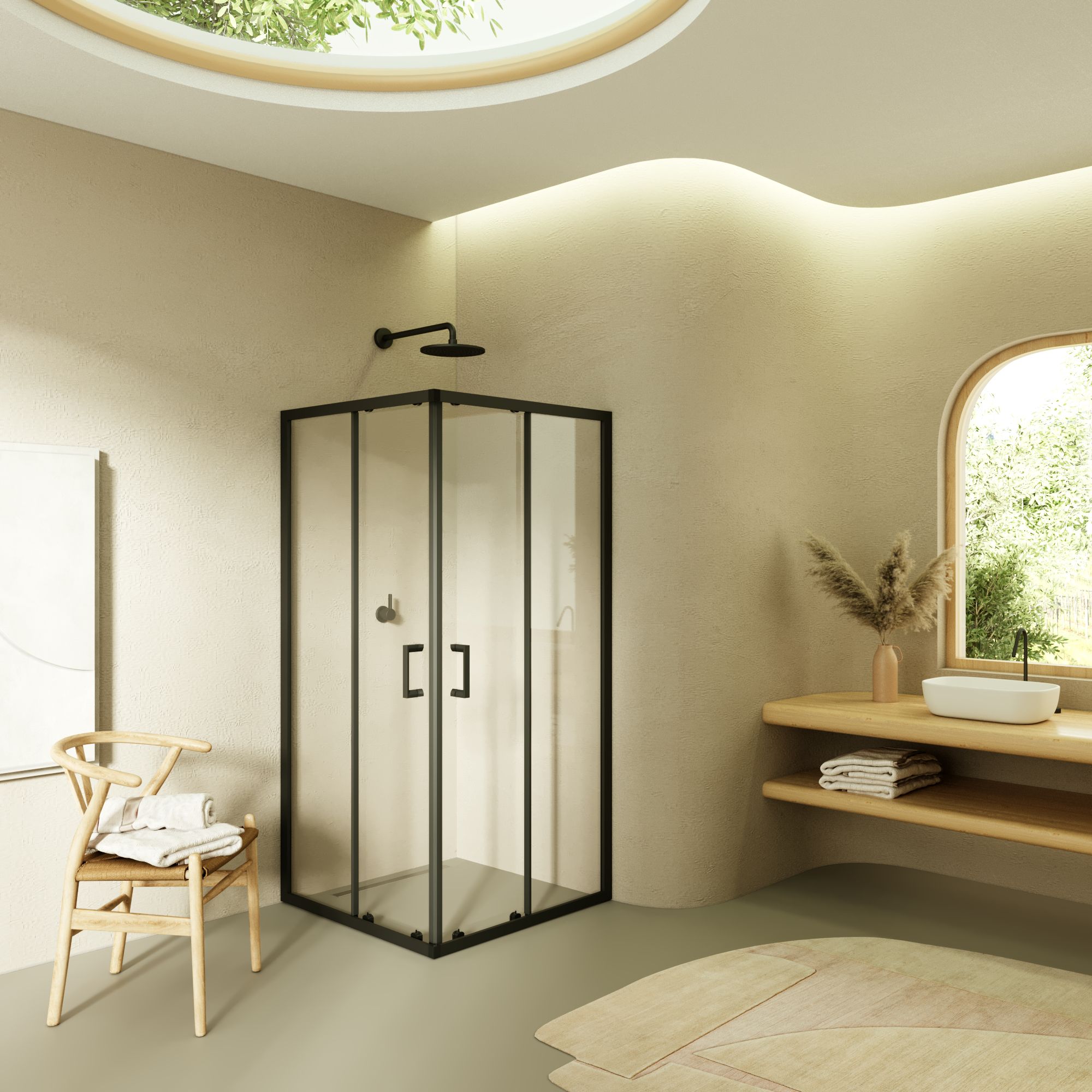 Corner entry Danielle with sliding doors and black profiles made of ESG safety glass. Danielle – Corner entry with sliding doors and black profiles made of ESG safety glass.