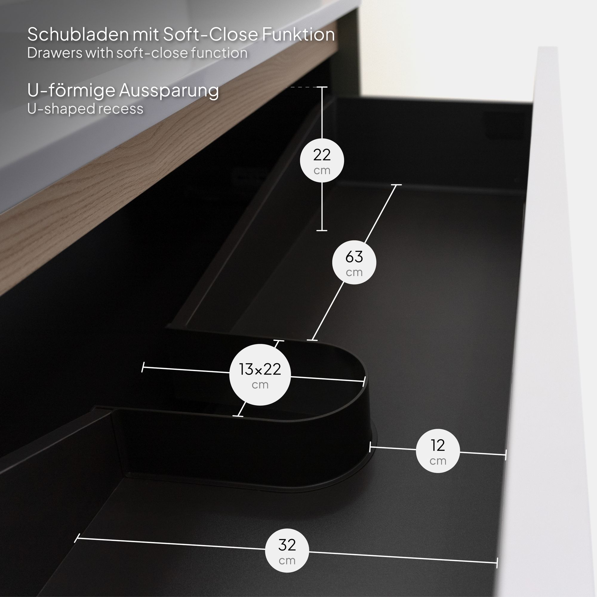 Badezimmermöbel Nereia – 100 cm Unterschrank Eiche hell + LED-Rundspiegel