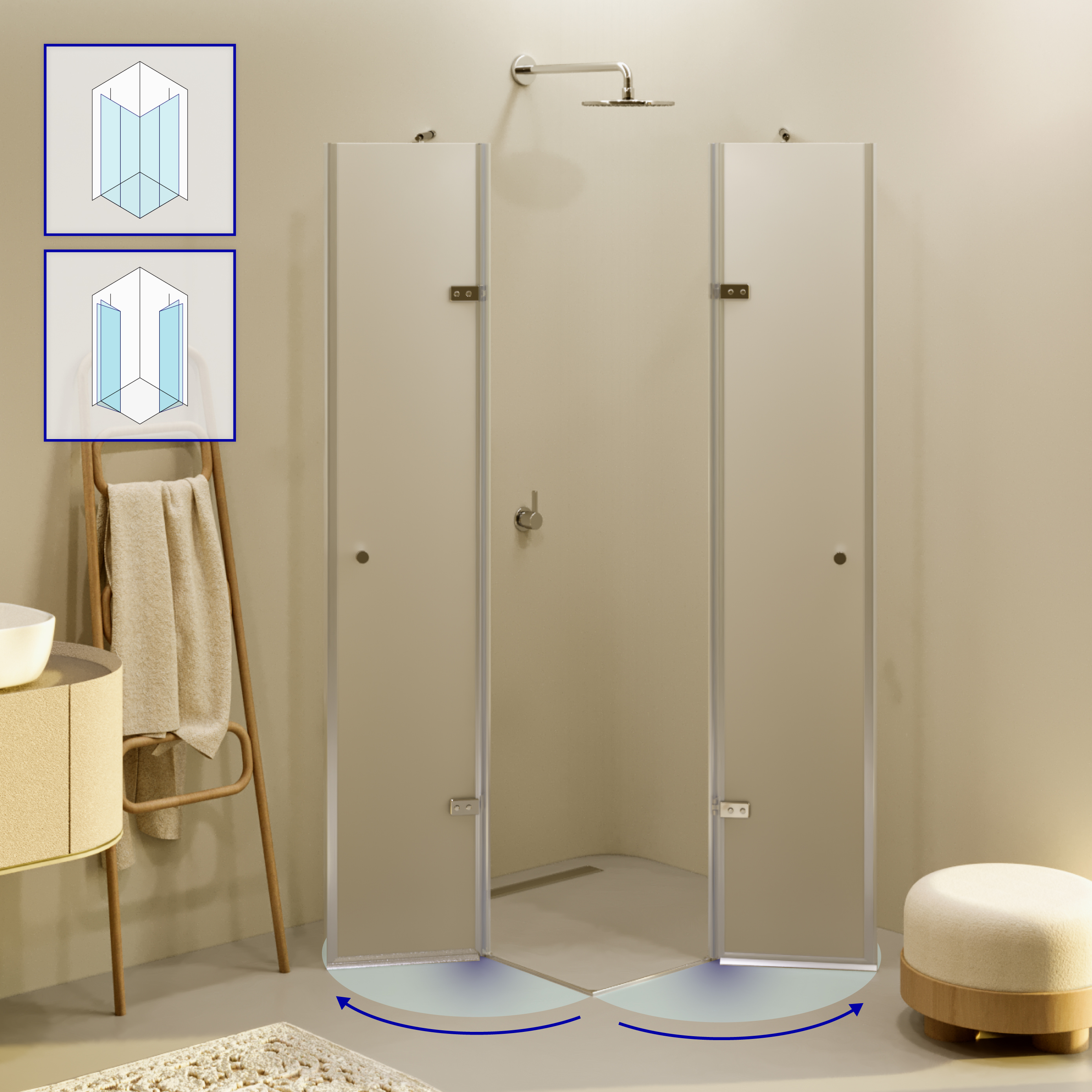 Corner Entry Alice with Folding Doors Made of Satinated ESG Safety Glass