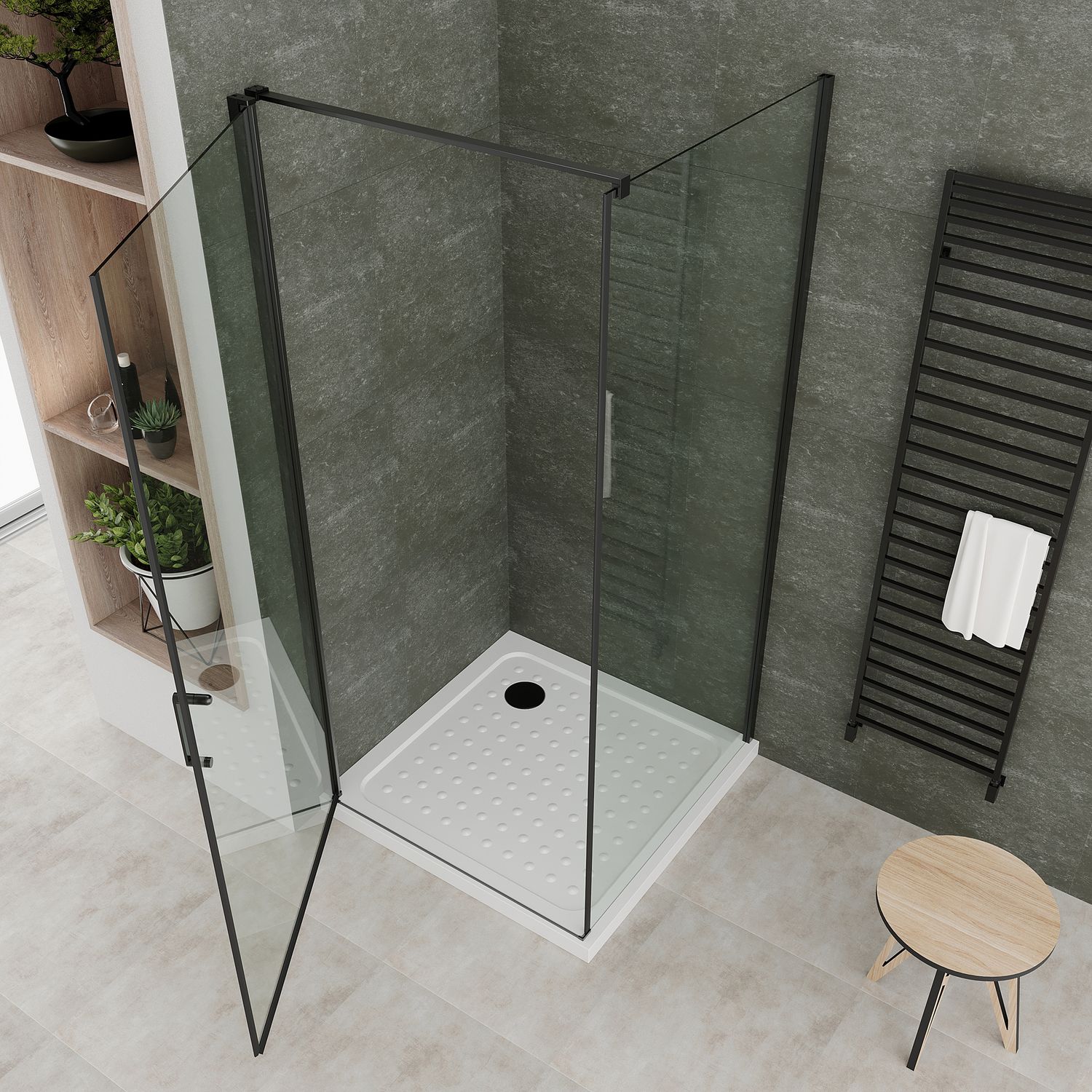 Fronteinstieg Hellen mit Klapptür und schwarzen Profilen aus ESG Sicherheitsglas Fronteinstieg Hellen mit Klapptür und schwarzen Profilen aus ESG Sicherheitsglas