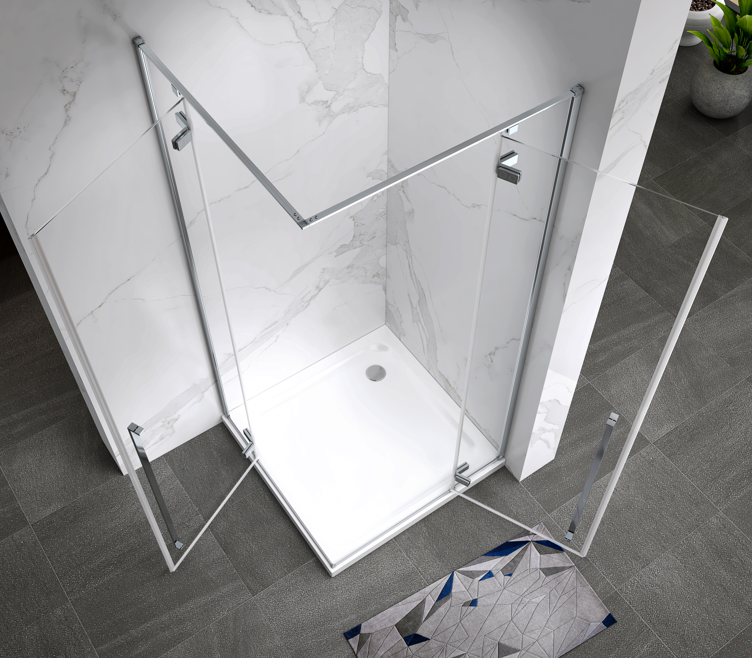 Eckeinstieg Jayla mit Drehtüren und verchromten Profilen aus ESG Sicherheitsglas Jayla – Eckeinstieg mit Drehtüren und verchromten Profilen aus ESG Sicherheitsglas