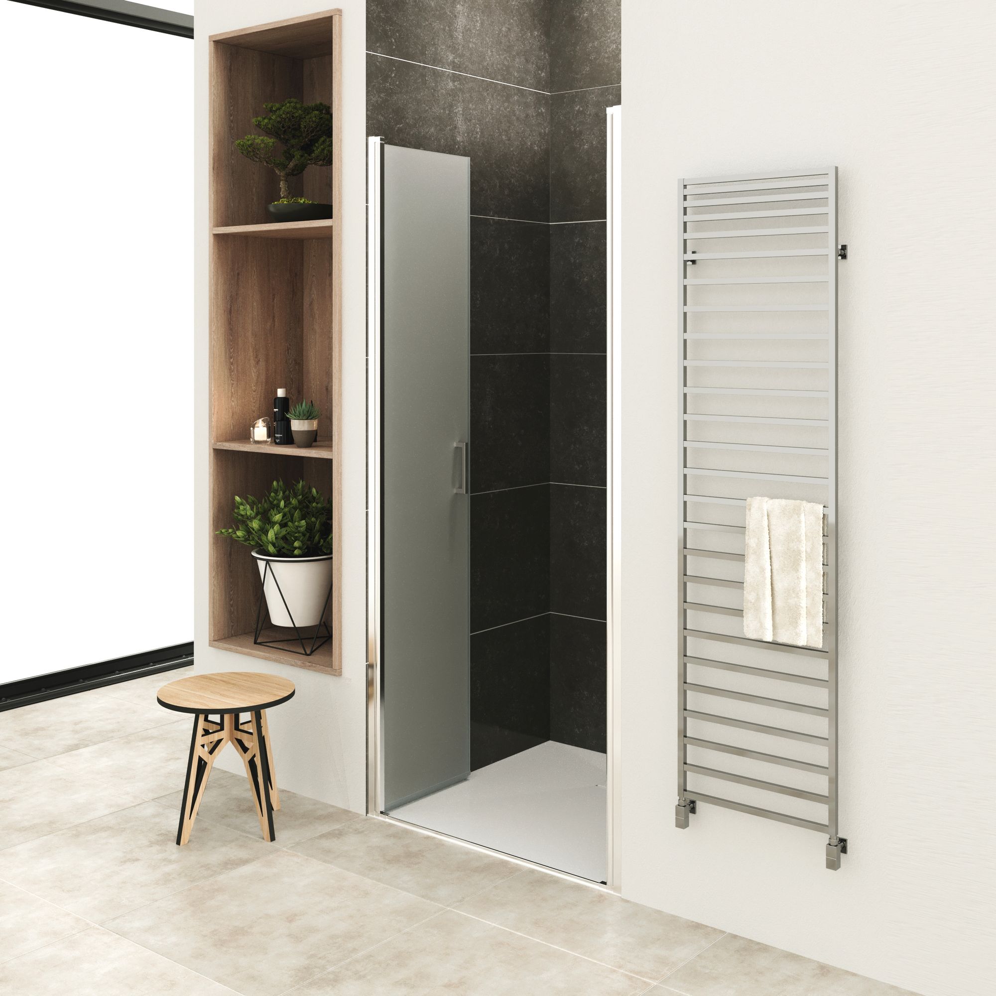 Shower Door Lara with Hinged Doors and Stainless Steel Handles, 68-104 cm, made of Frosted ESG Safety Glass Lara – Shower Door with Hinged Doors and Stainless Steel Handles, 68-104 cm, made of Frosted ESG Safety Glass