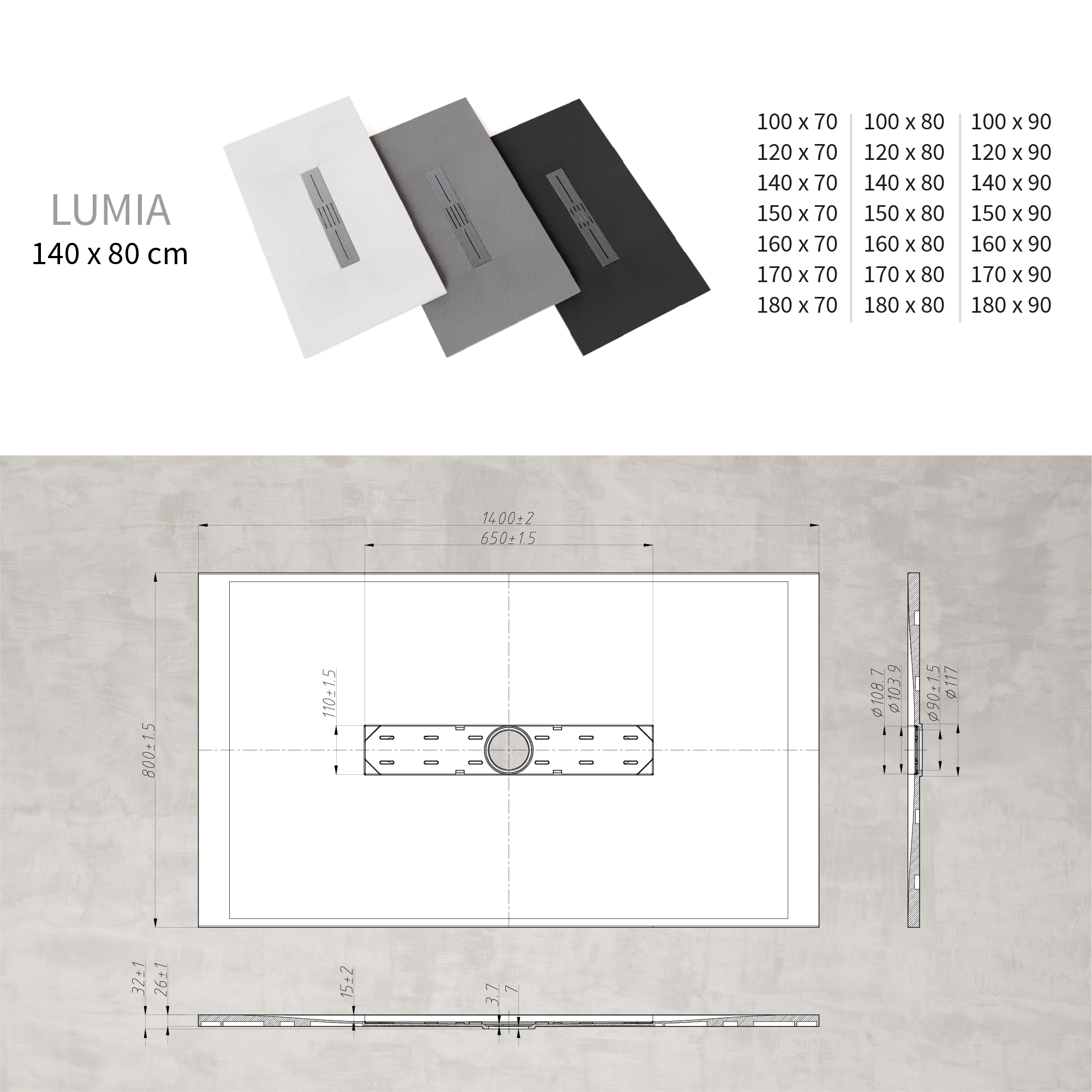 SMC Shower Tray Lumia in Slate Finish with Gray Drain Assembly