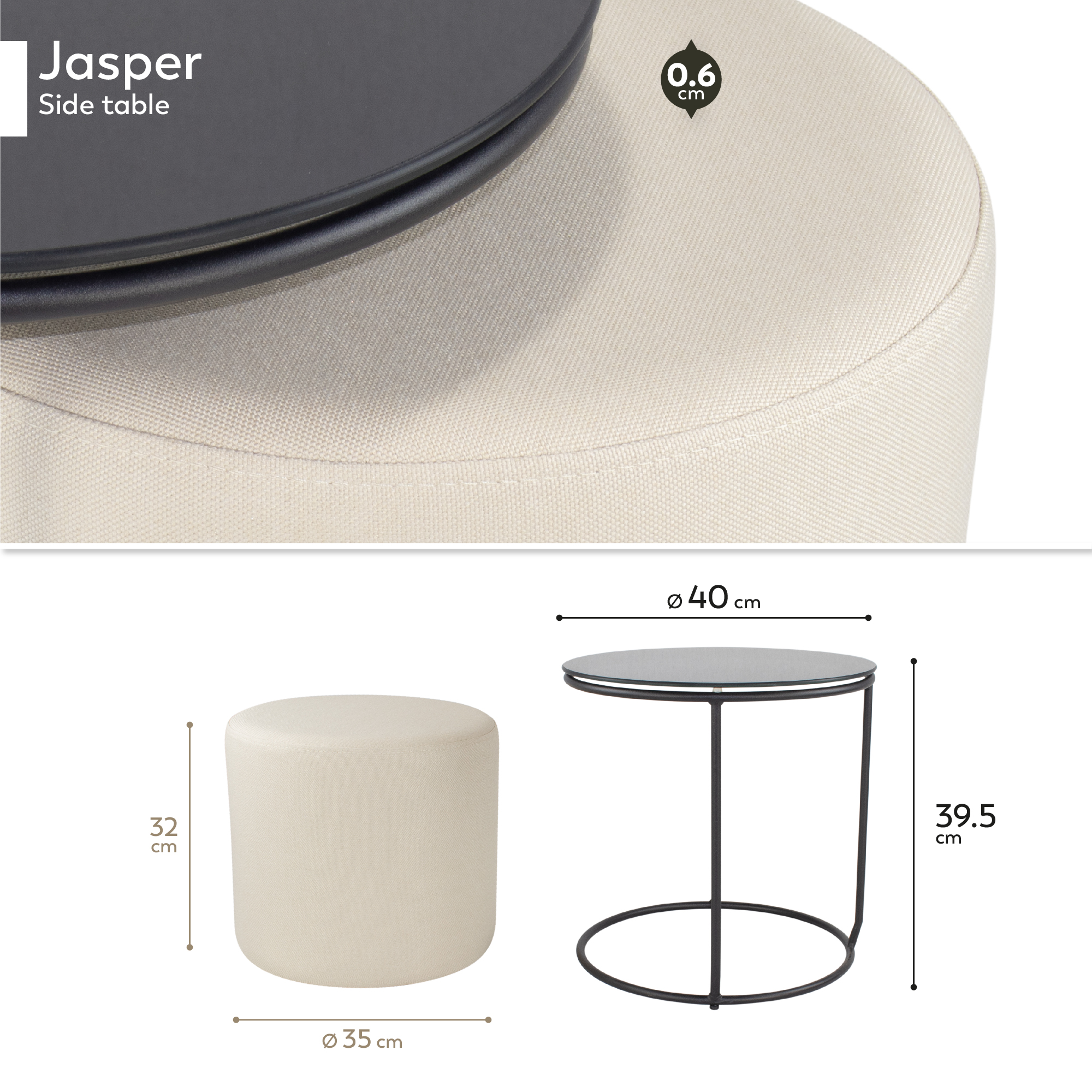 Side Table with Stool JASPER - Round Coffee Table 40x40 cm Black-Beige N1