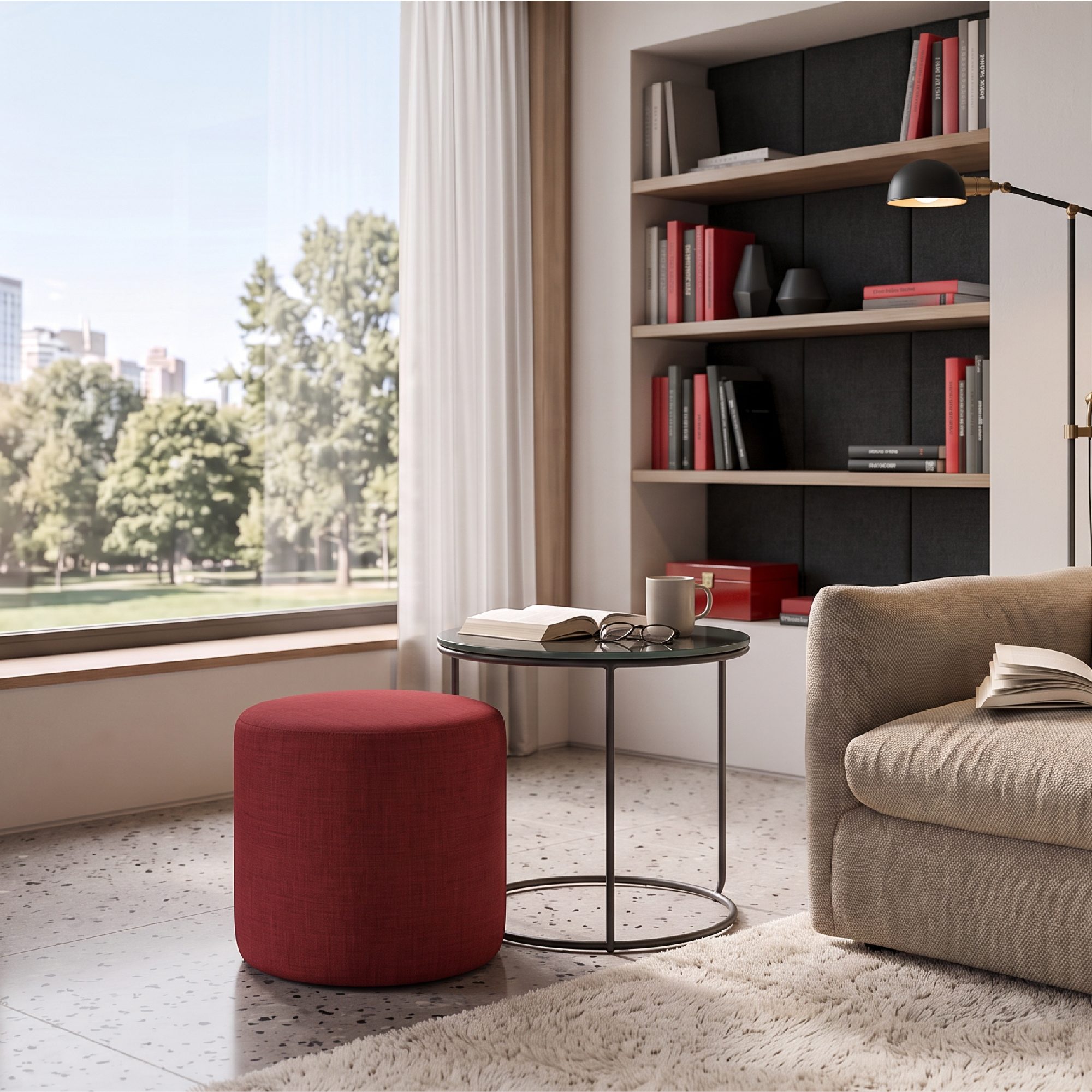 Side Table with Stool JASPER - Round Coffee Table 40x40 cm Black-Red N5