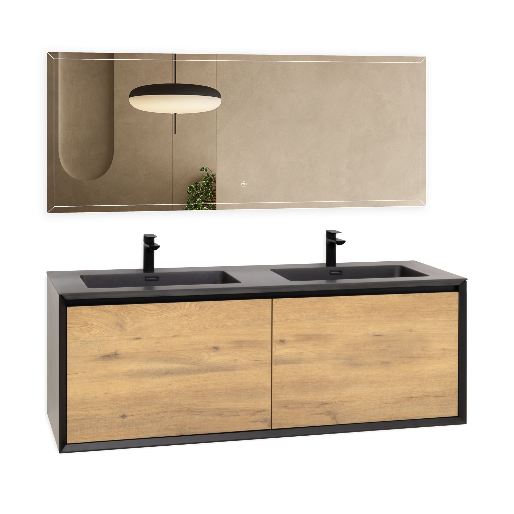 Badmöbelset Fidia mit Doppelwaschtisch – Schwarz Matt & Eiche, LED-Antibeschlagspiegel, 150/190 cm