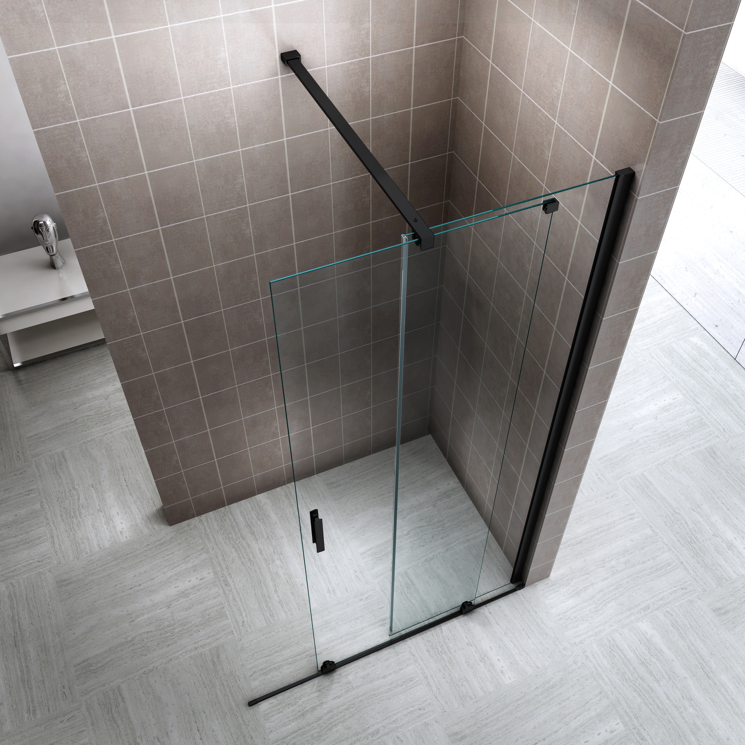 Walk In Duschwand NADINE mit Schiebetür in Schwarz aus 8mm ESG Klarglas 