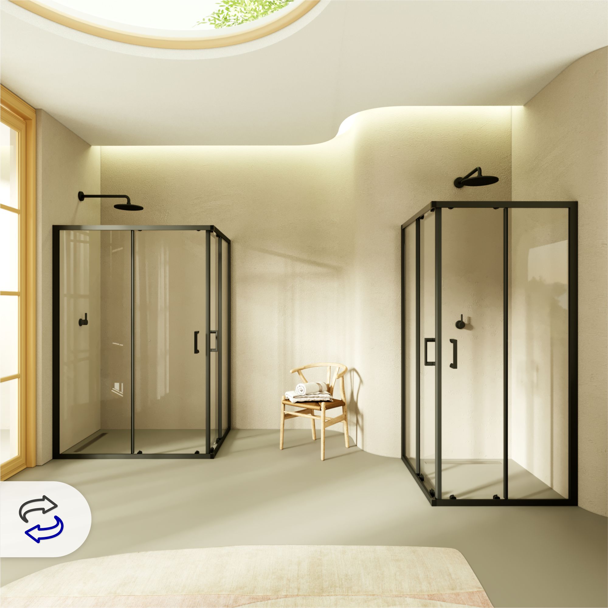 Corner entry Danielle with sliding doors and black profiles made of ESG safety glass. Danielle – Corner entry with sliding doors and black profiles made of ESG safety glass.