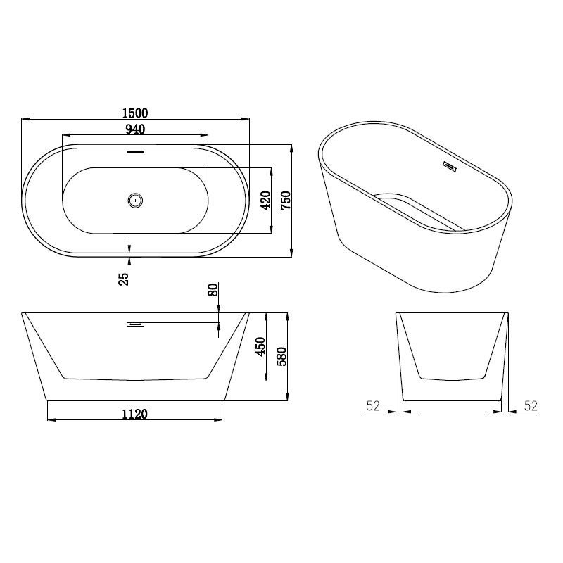 Badewanne aus Sanitäracryl Lugano Grau-Weiß - 150x75 cm
