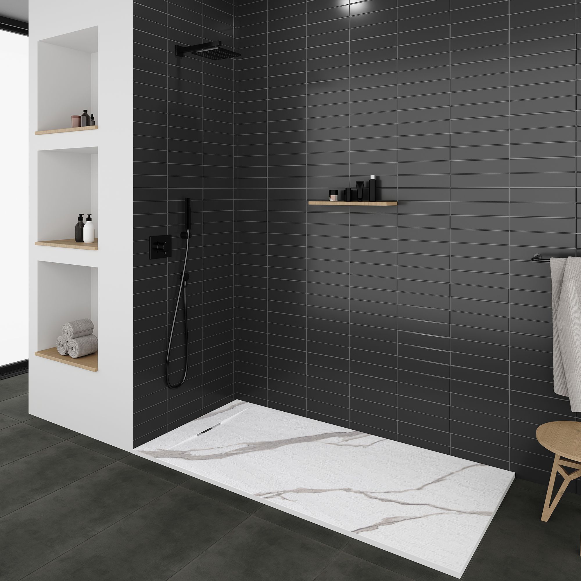 SMC Shower Tray Polar in Marble Look with Drain Assembly - White