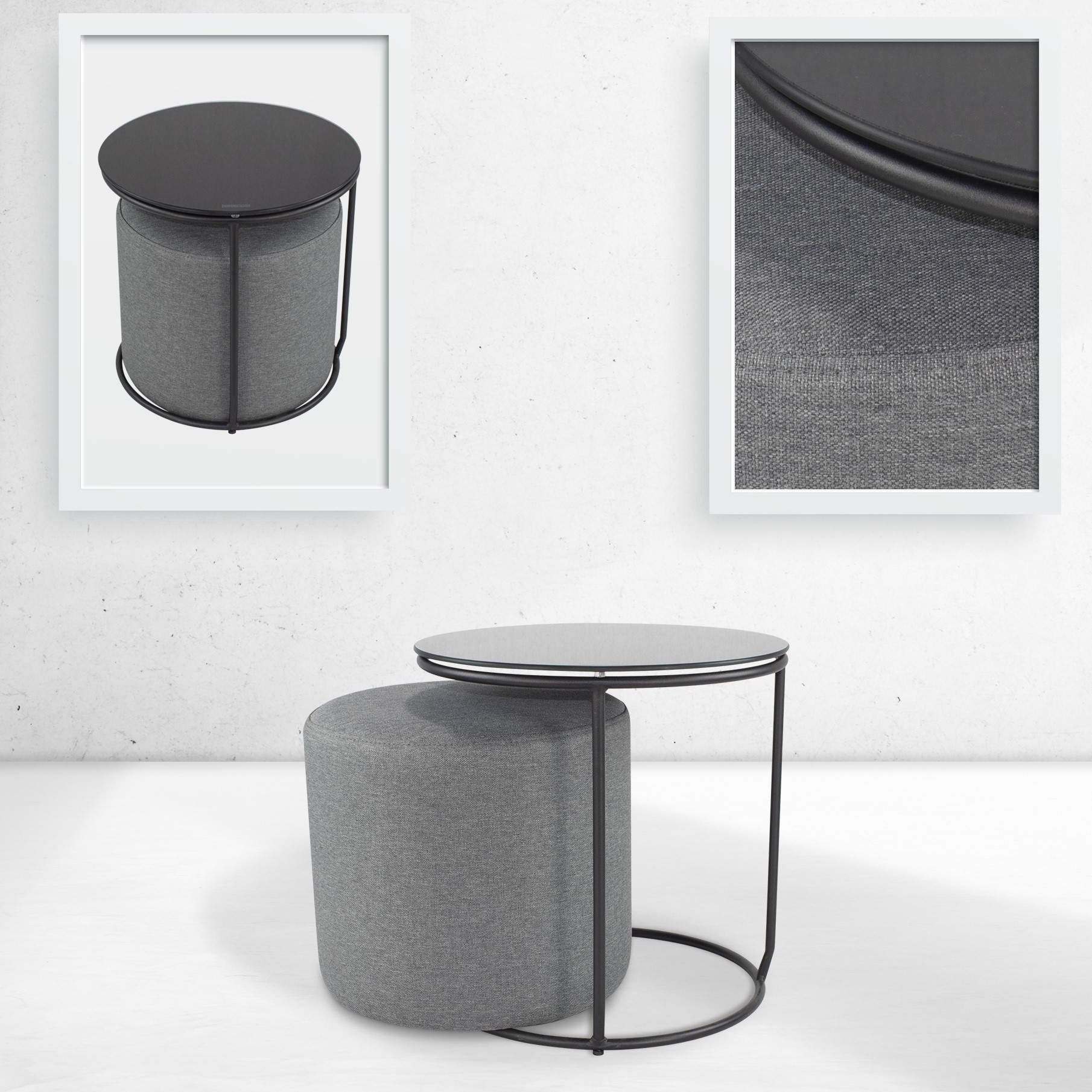 Beistelltisch mit Hocker JASPER runder Couchtisch 40x40 cm Schwarz-Grau N0 JASPER – Side Table with Stool Round Coffee Table 40x40 cm Black-Grey N0