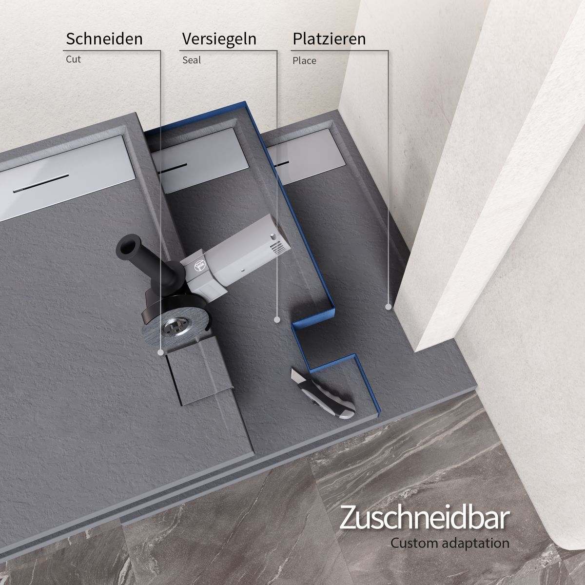 SMC Duschwanne Hiemal in Schieferoptik inkl. Ablaufgarnitur Grau mit Edelstahldeckel 100x100 cm