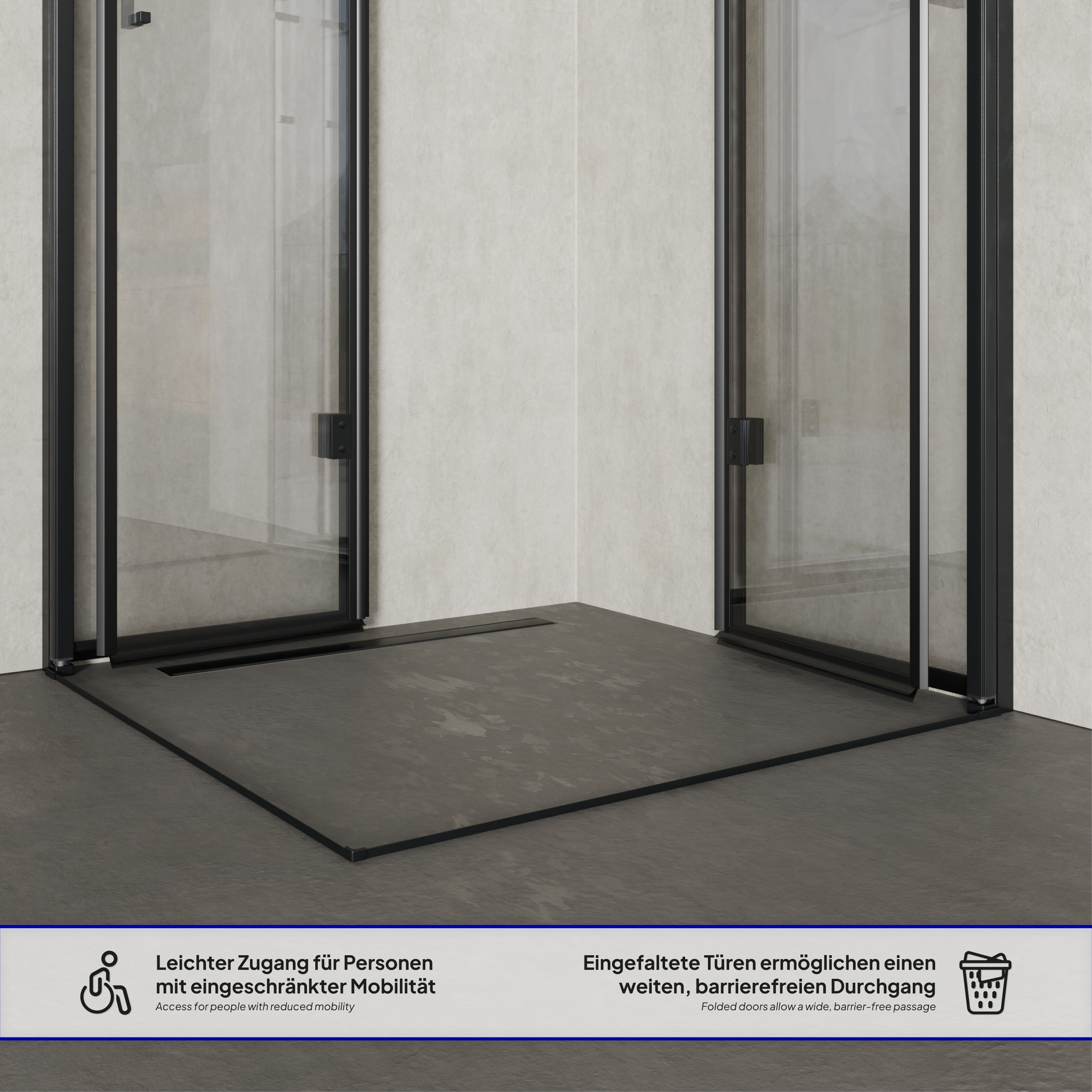 Corner entry Belle with folding doors and black profiles made of ESG safety glass.