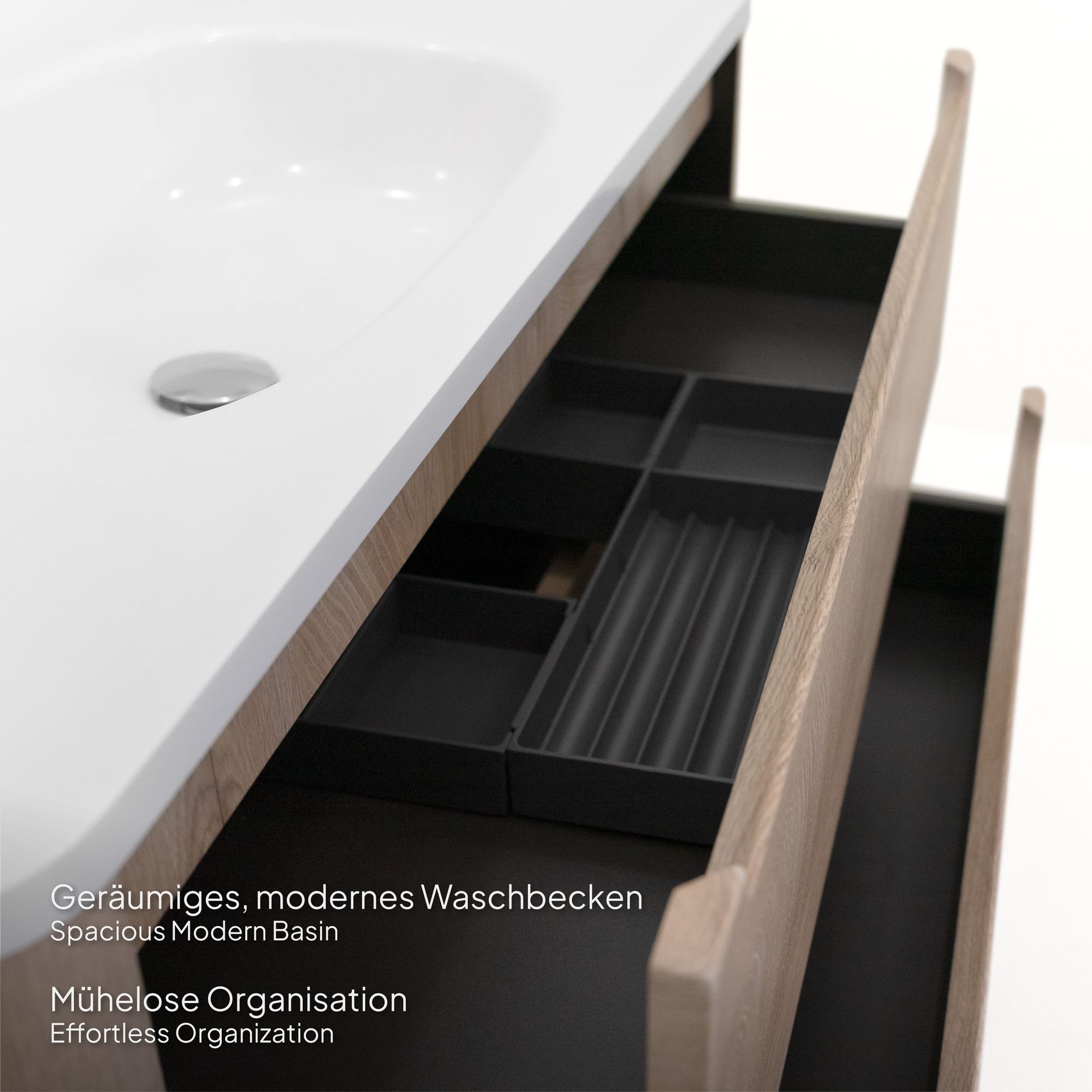 Badezimmermöbel Vesta – 100 cm Eiche hell, integriertes Waschbecken + LED-Spiegel