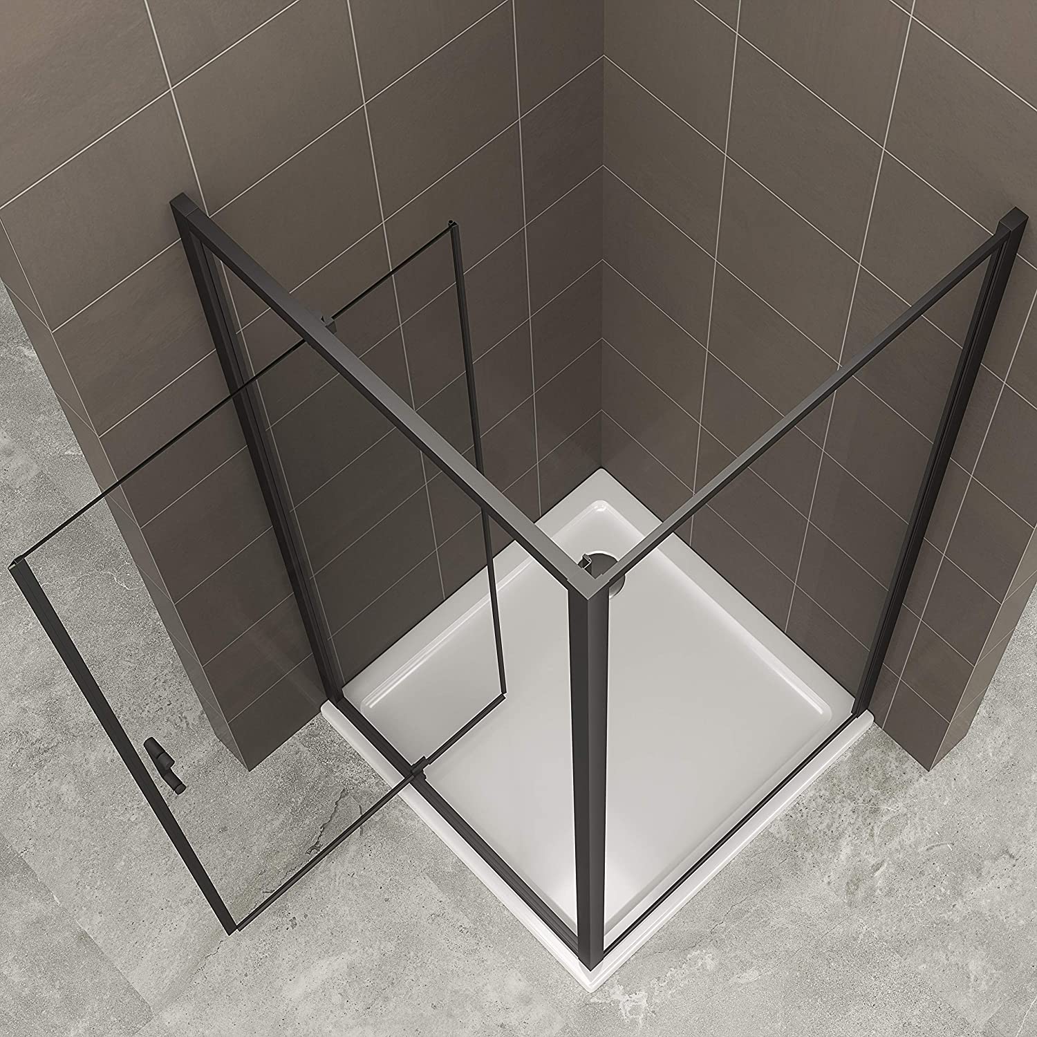 Fronteinstieg Isadora mit Klapptür und schwarzen Profilen aus ESG Sicherheitsglas Fronteinstieg Isadora mit Klapptür und schwarzen Profilen aus ESG Sicherheitsglas