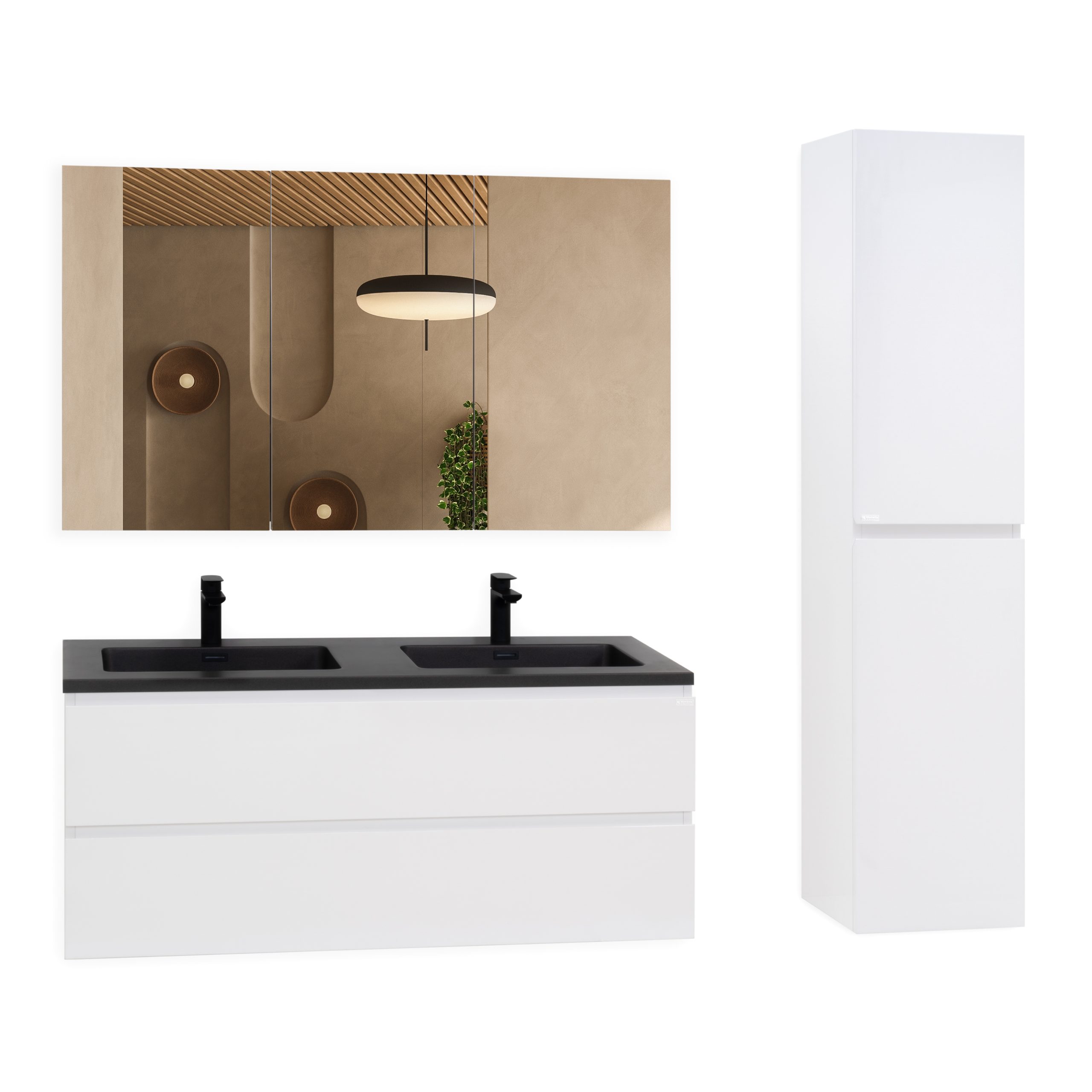 Badmöbel-Set Atena [120 cm] mit Mineralharz-Waschbecken in Hochglanz Schwarz, Unterschrank mit Spiegel und hängendem Hochschrank in Weiß