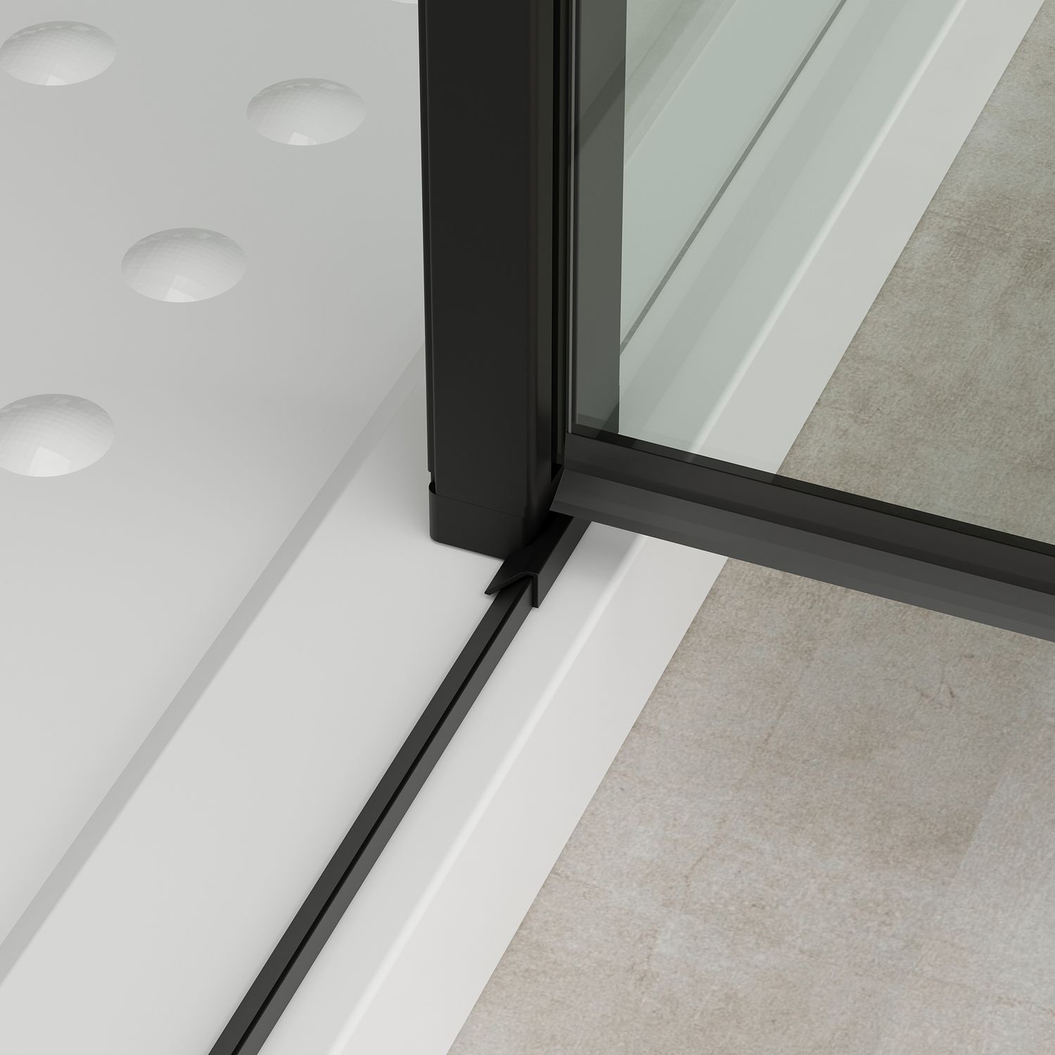 Eckeinstieg Linda mit Klapptüren und schwarzen Profilen aus ESG Sicherheitsglas Eckeinstieg Linda mit Klapptüren und schwarzen Profilen aus ESG Sicherheitsglas