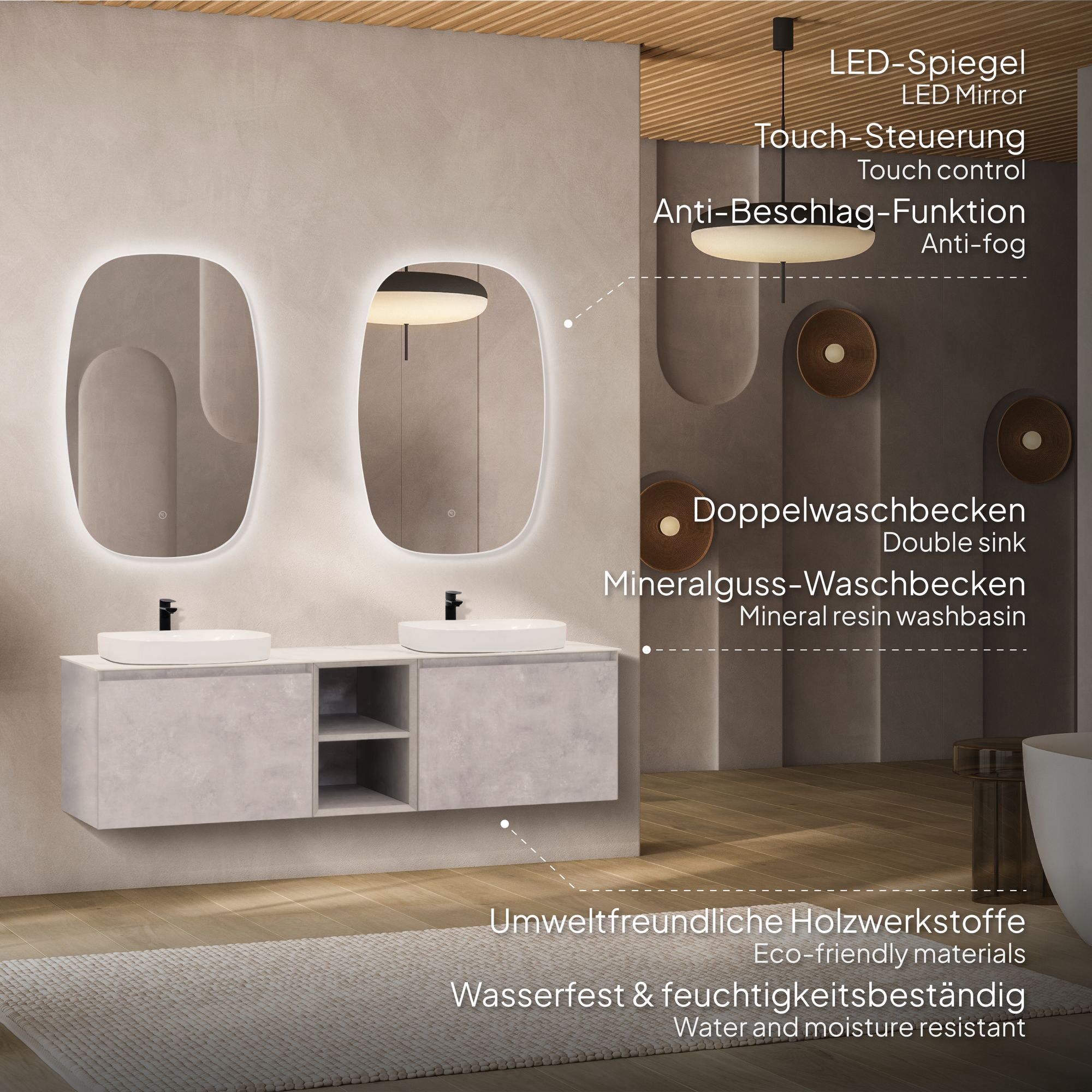 Badmöbelset Indra – Betonoptik, Calacatta-Porzellanplatte, Doppelwaschplätze & LED-Spiegel Badmöbelset Indra – Betonoptik, Calacatta-Porzellanplatte, Doppelwaschplätze & LED-Spiegel