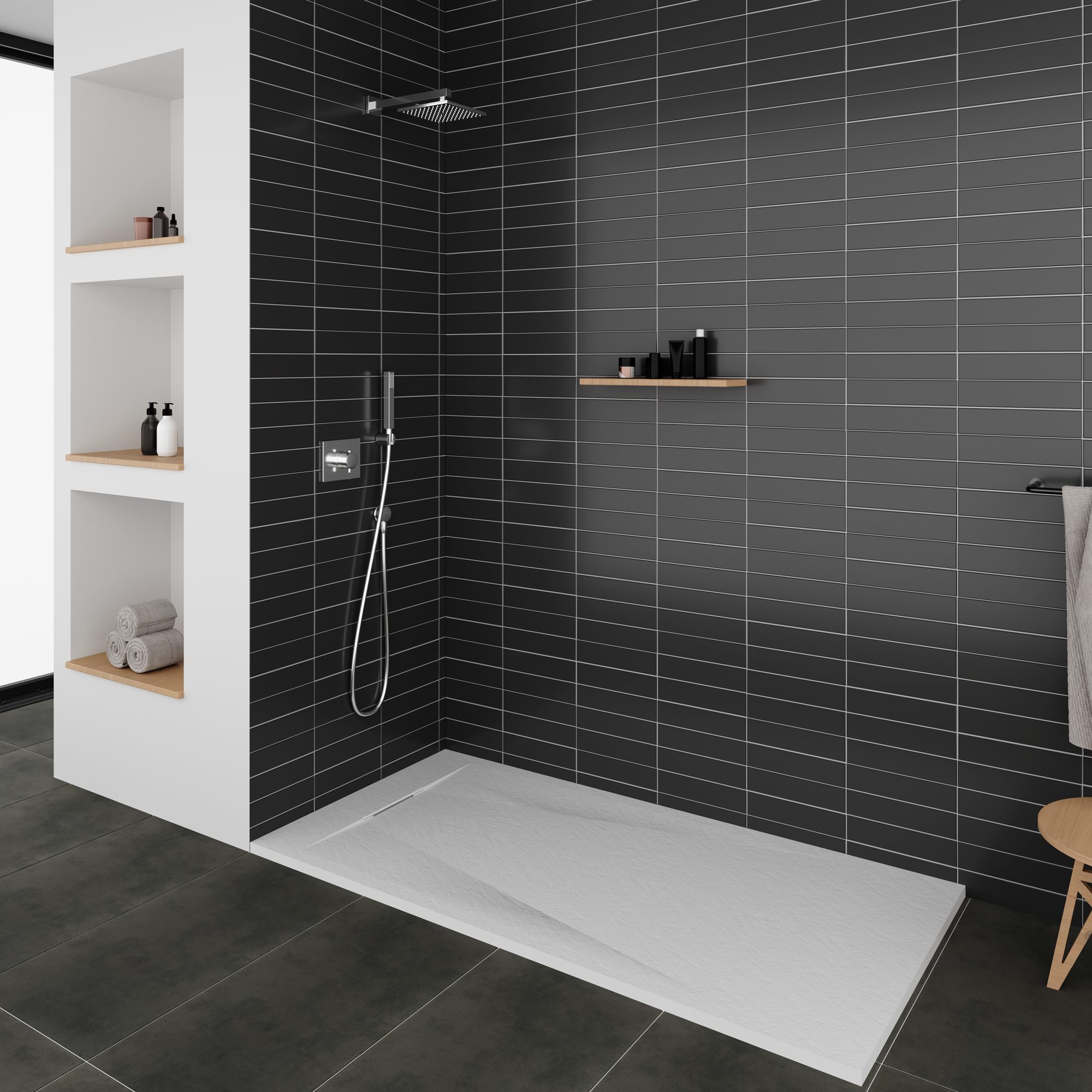 SMC Shower Tray Polar in Stone Look with Drain Assembly - White