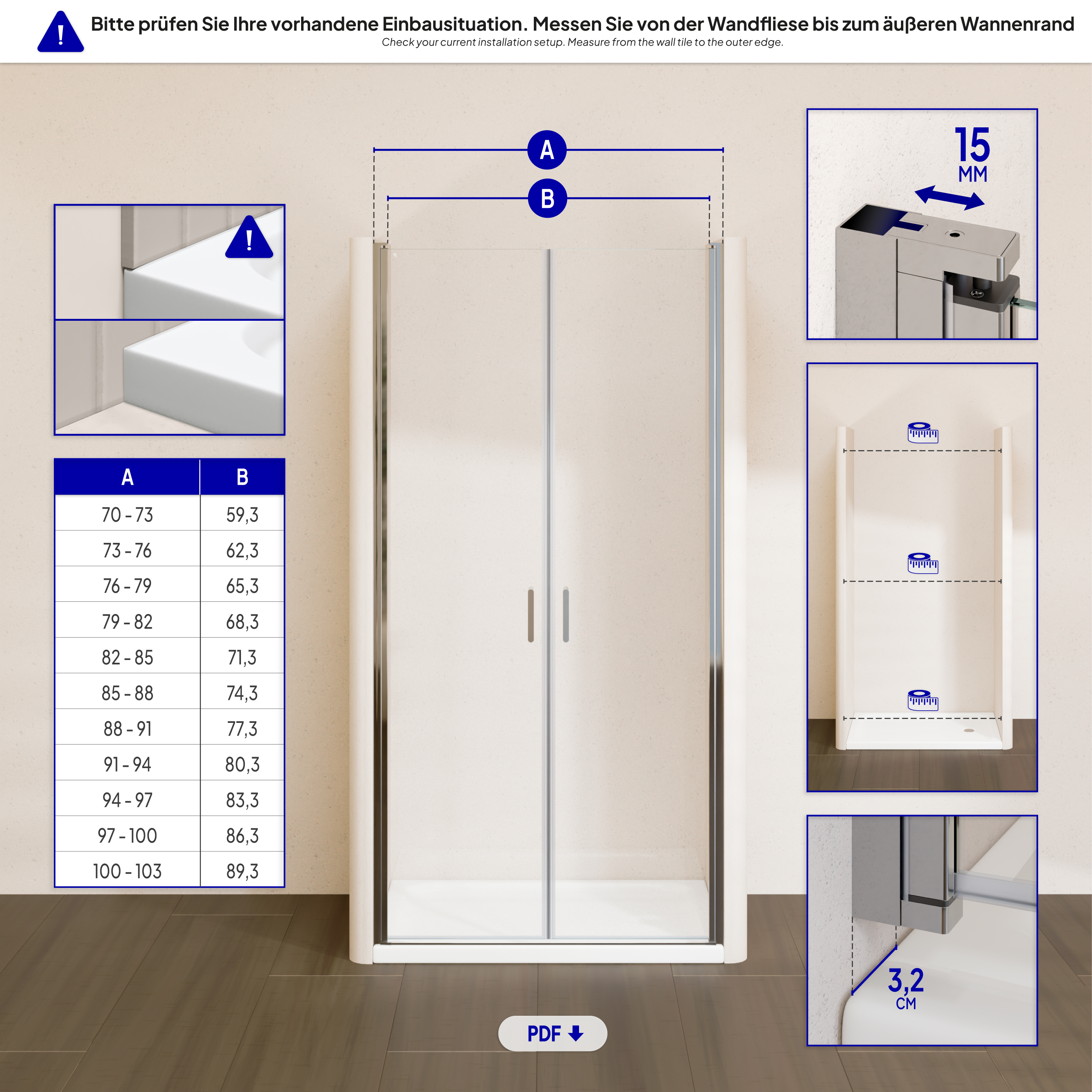 Shower Door Stella with Hinged Doors Made of Tempered Safety Glass