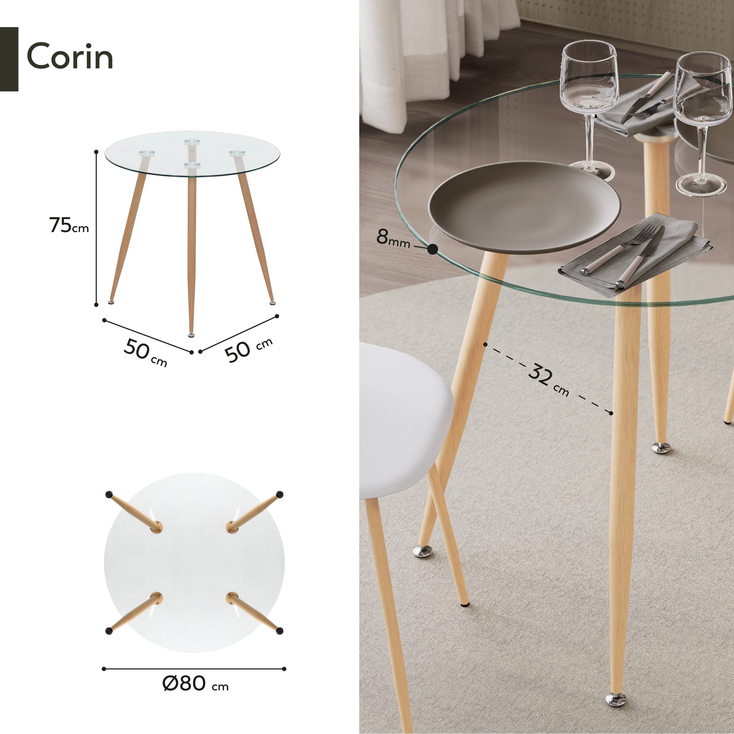 CORIN – Esszimmer-Tisch | Tischplatte: Transparentes Glas | Beine: Holz
