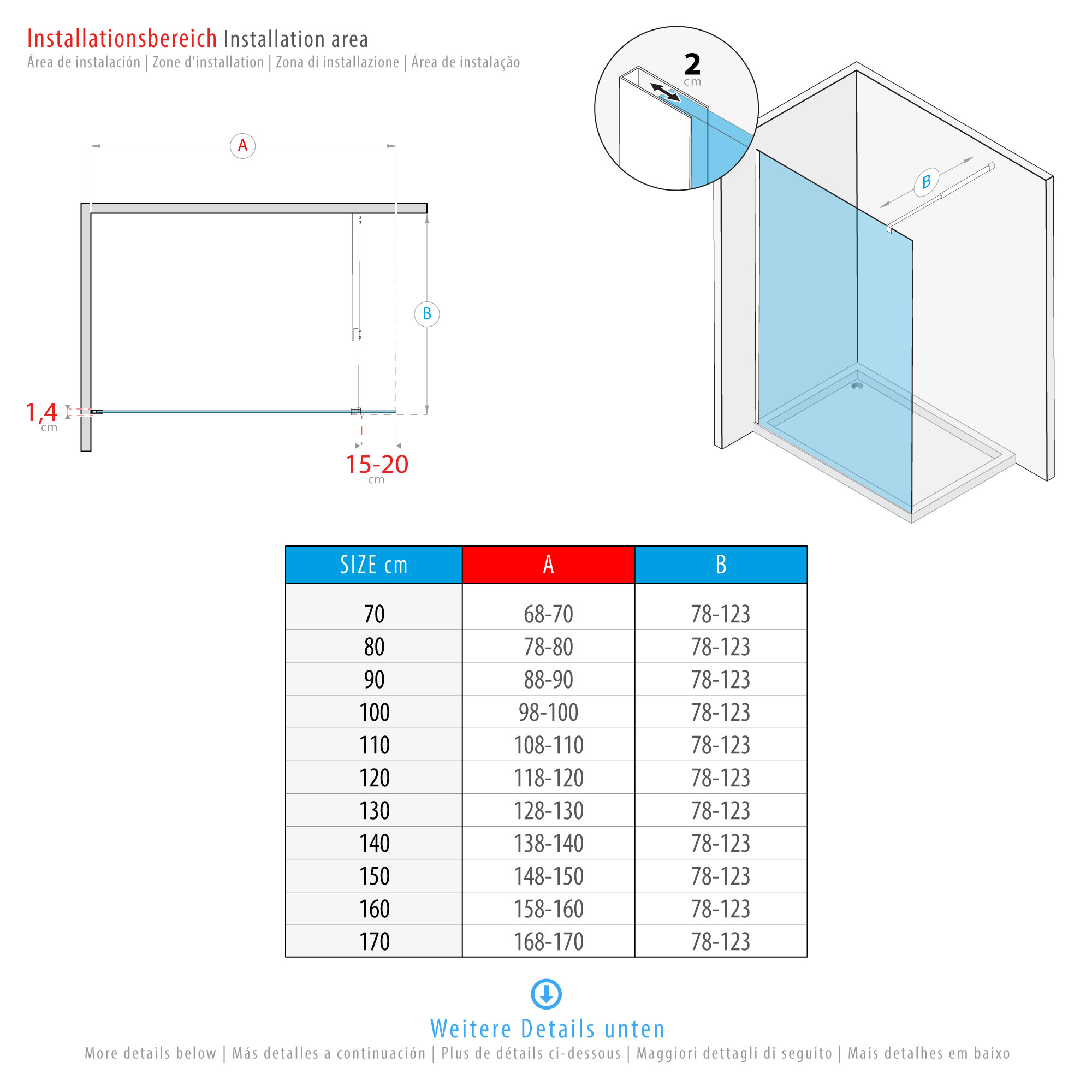 Walk-In Shower Fiona made of 10 mm thick ESG safety glass and black aluminum profile.