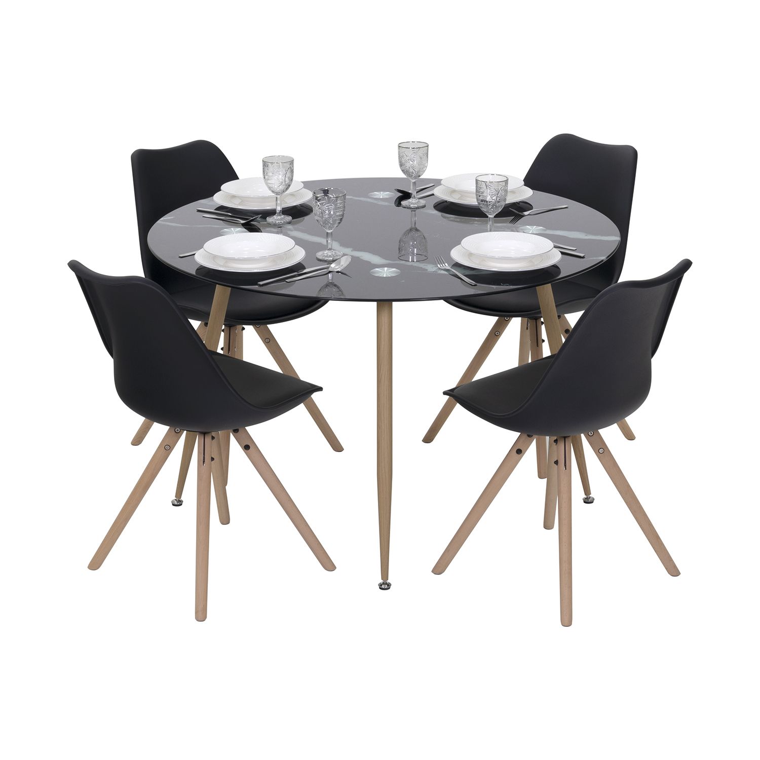 Esszimmer-Tisch CORIN | Tischplatte: Glas in schwarzer Marmor Optik | Beine:Holz 80 cm