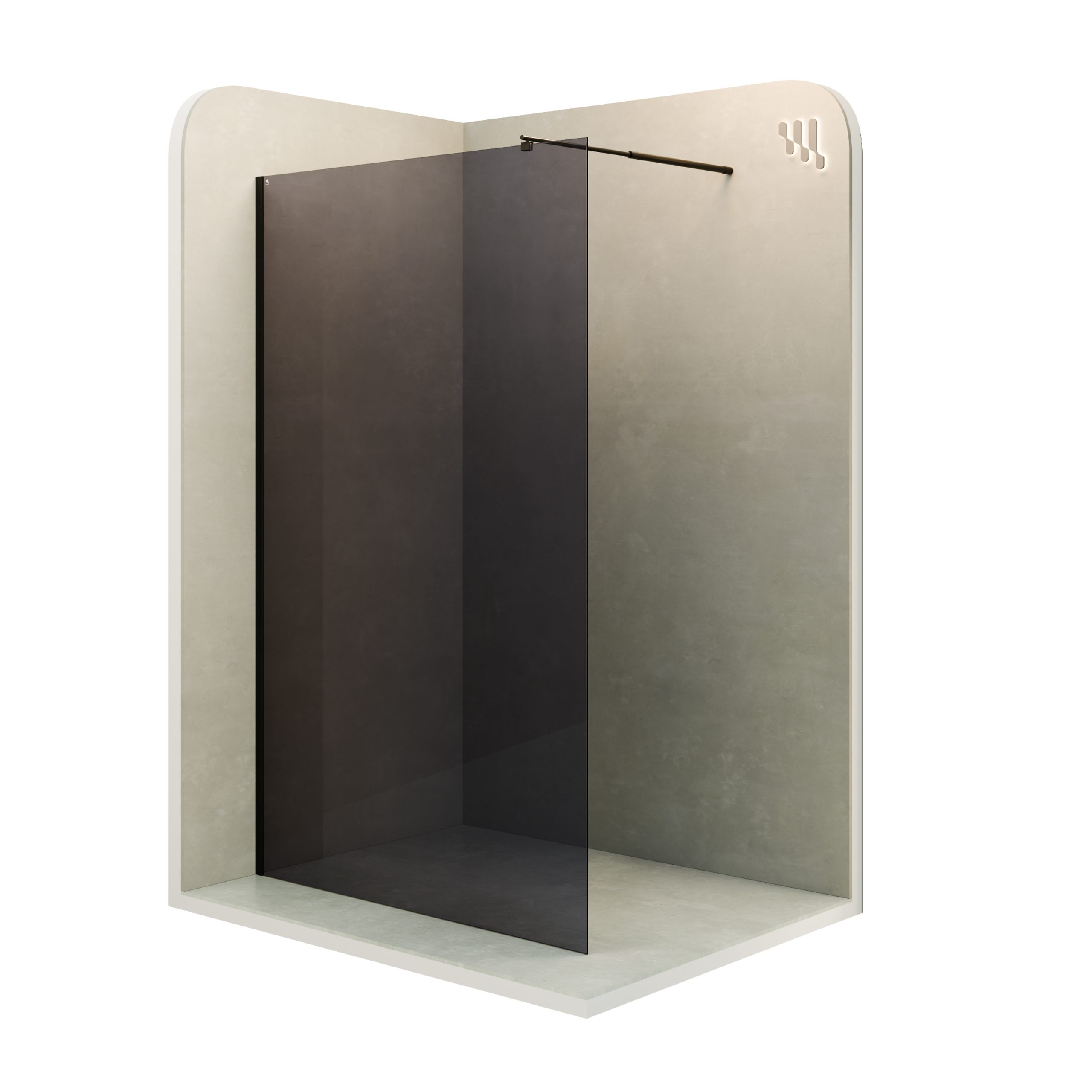 Walk-In Shower Fiona made of 10 mm thick gray ESG safety glass and black aluminum profile.