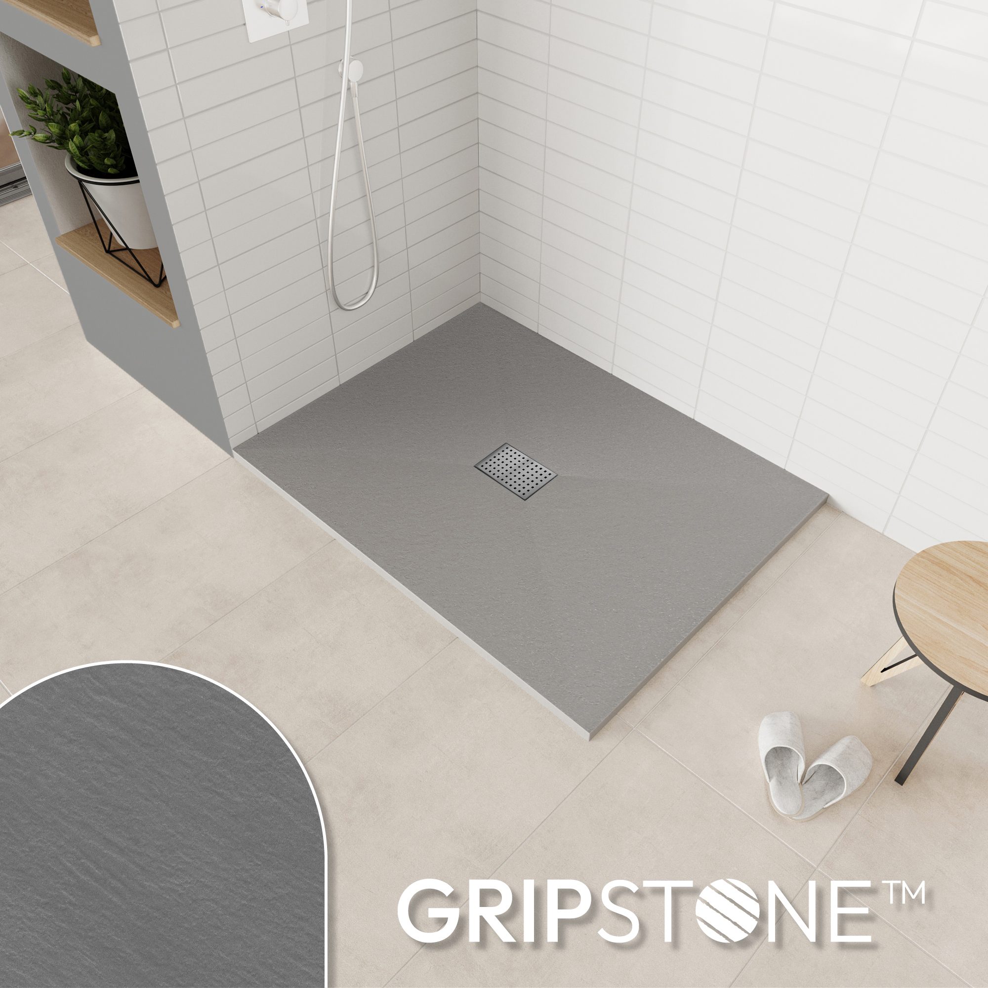 Tray – SMC Shower Boreal in Stone Look with Drain Assembly - Grey