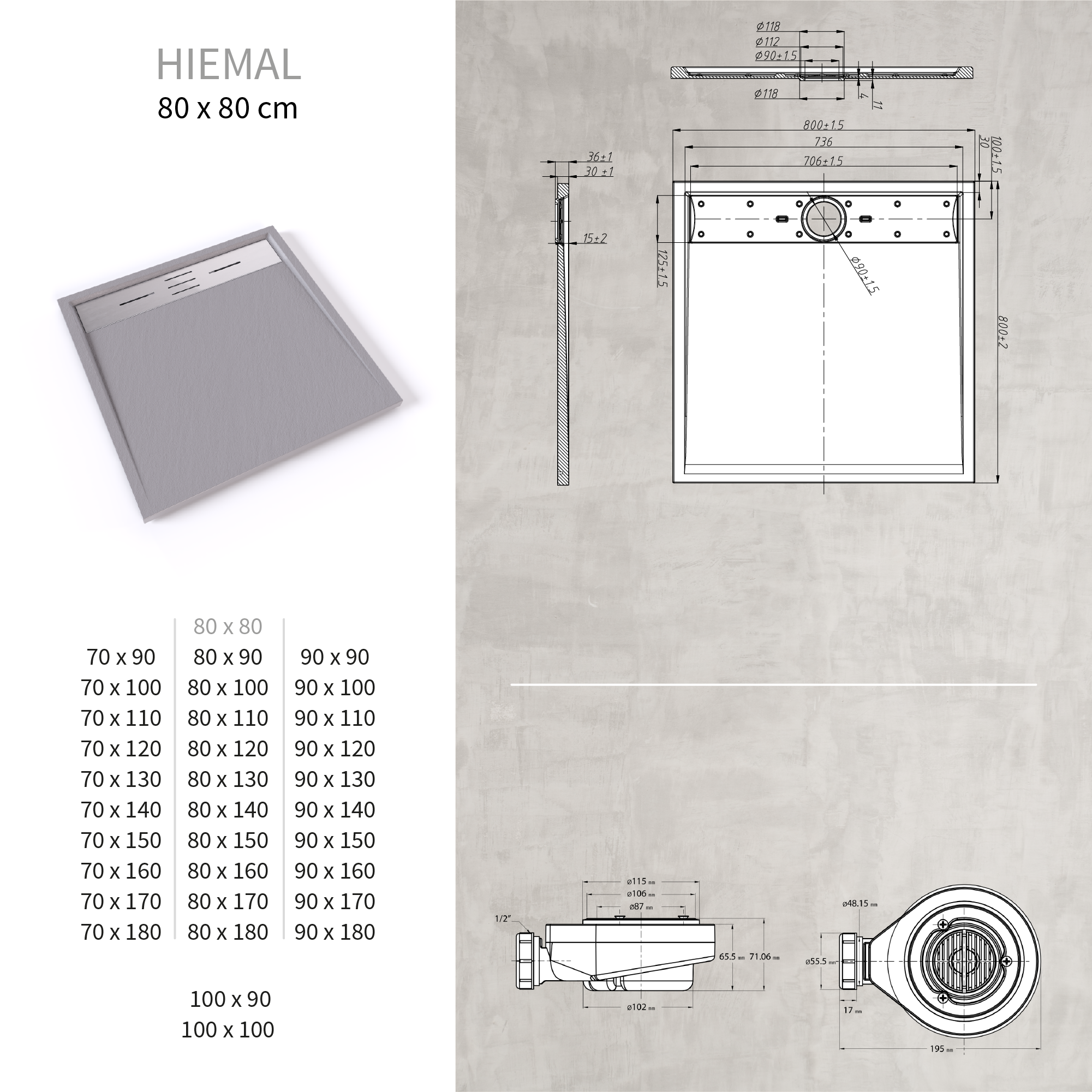 SMC Duschwanne Hiemal in Schieferoptik inkl. Ablaufgarnitur Grau mit Edelstahldeckel 80x80 cm SMC Duschwanne Hiemal in Schieferoptik inkl. Ablaufgarnitur Grau mit Edelstahldeckel 80x80 cm