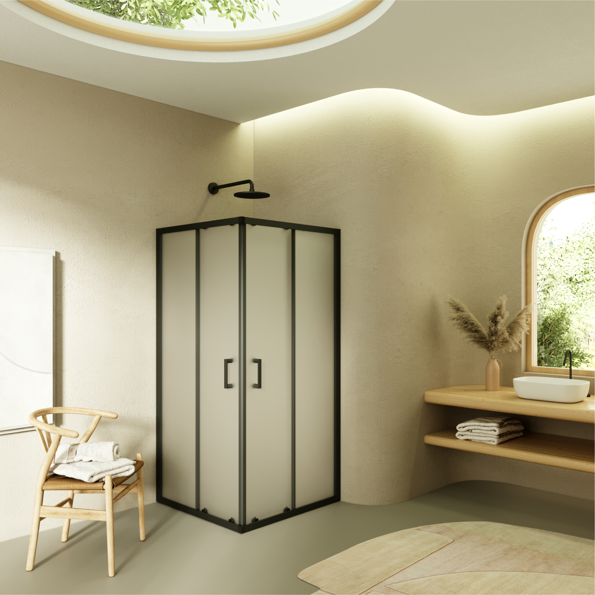 Eckeinstieg Danielle mit Schiebetüren aus satiniertem ESG Sicherheitsglas Danielle – Corner entry with sliding doors made of satin-finished ESG safety glass.