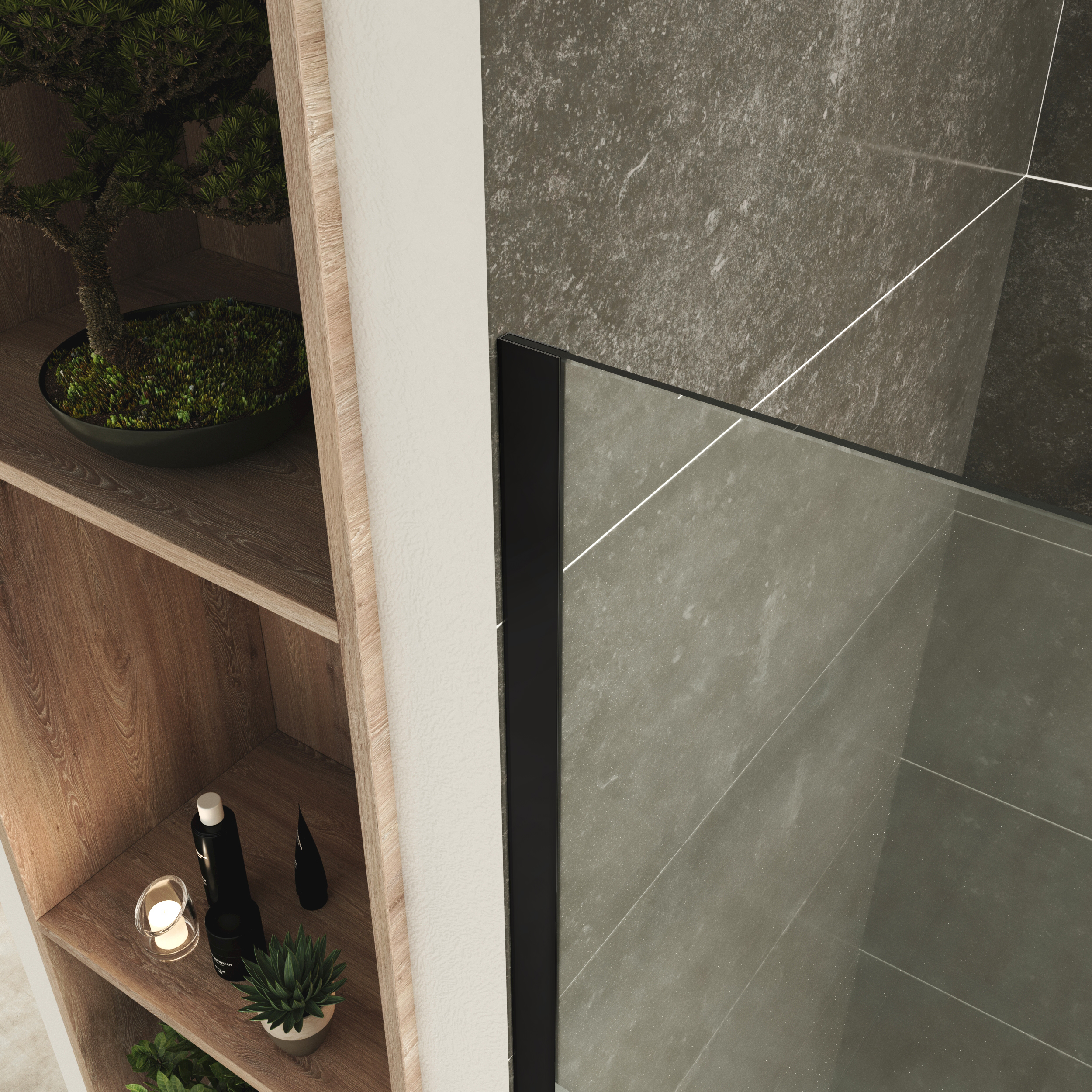 Walk-In Shower Fiona made of 10 mm thick partially frosted ESG safety glass and black aluminum profile.