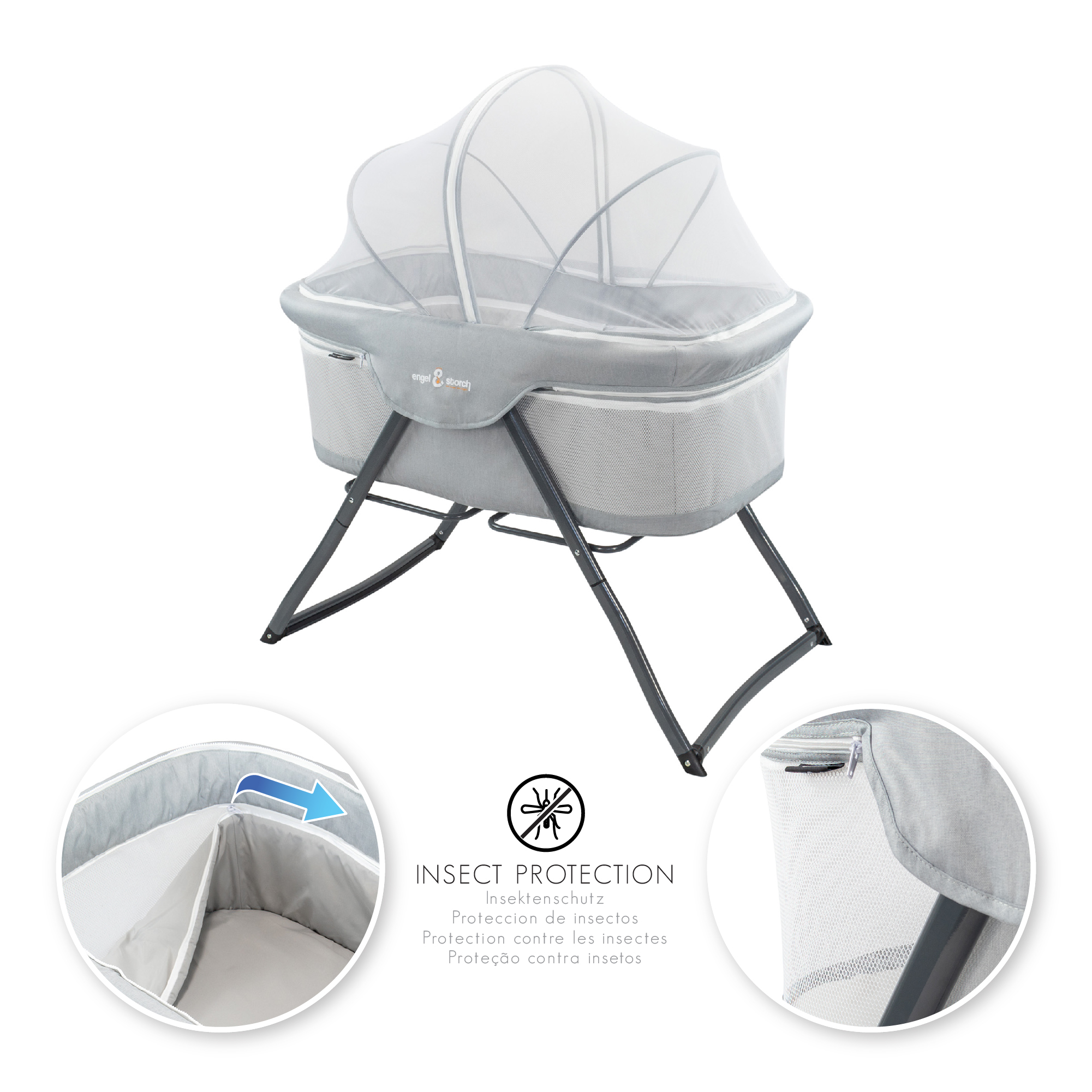 Reisebett BEBITO inkl. Moskitohaube und Tragetasche Hellgrau