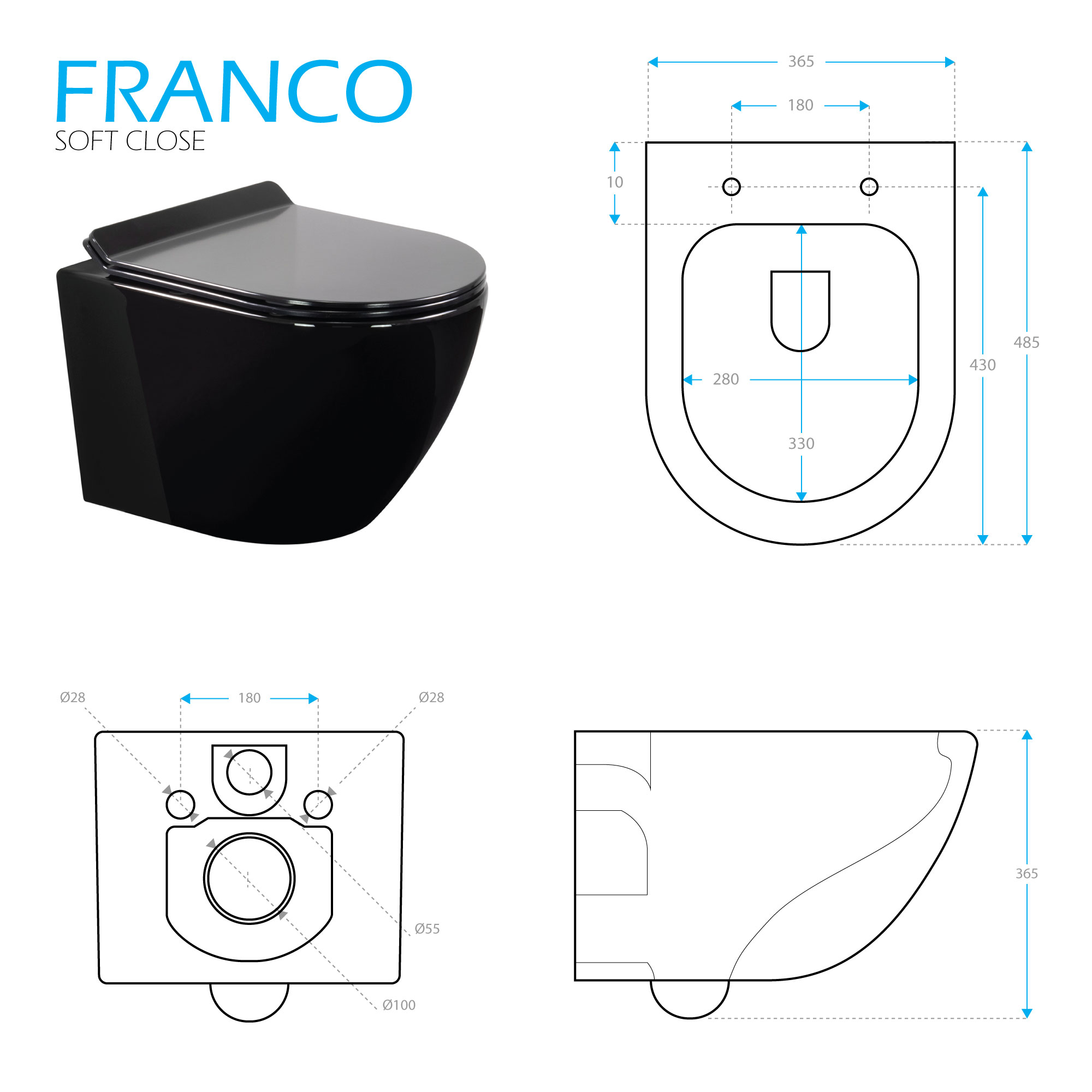 Toilette Hänge WC Spülrandlos inkl. WC Sitz mit Absenkautomatik SOFTCLOSE + abnehmbar Franco Schwarz