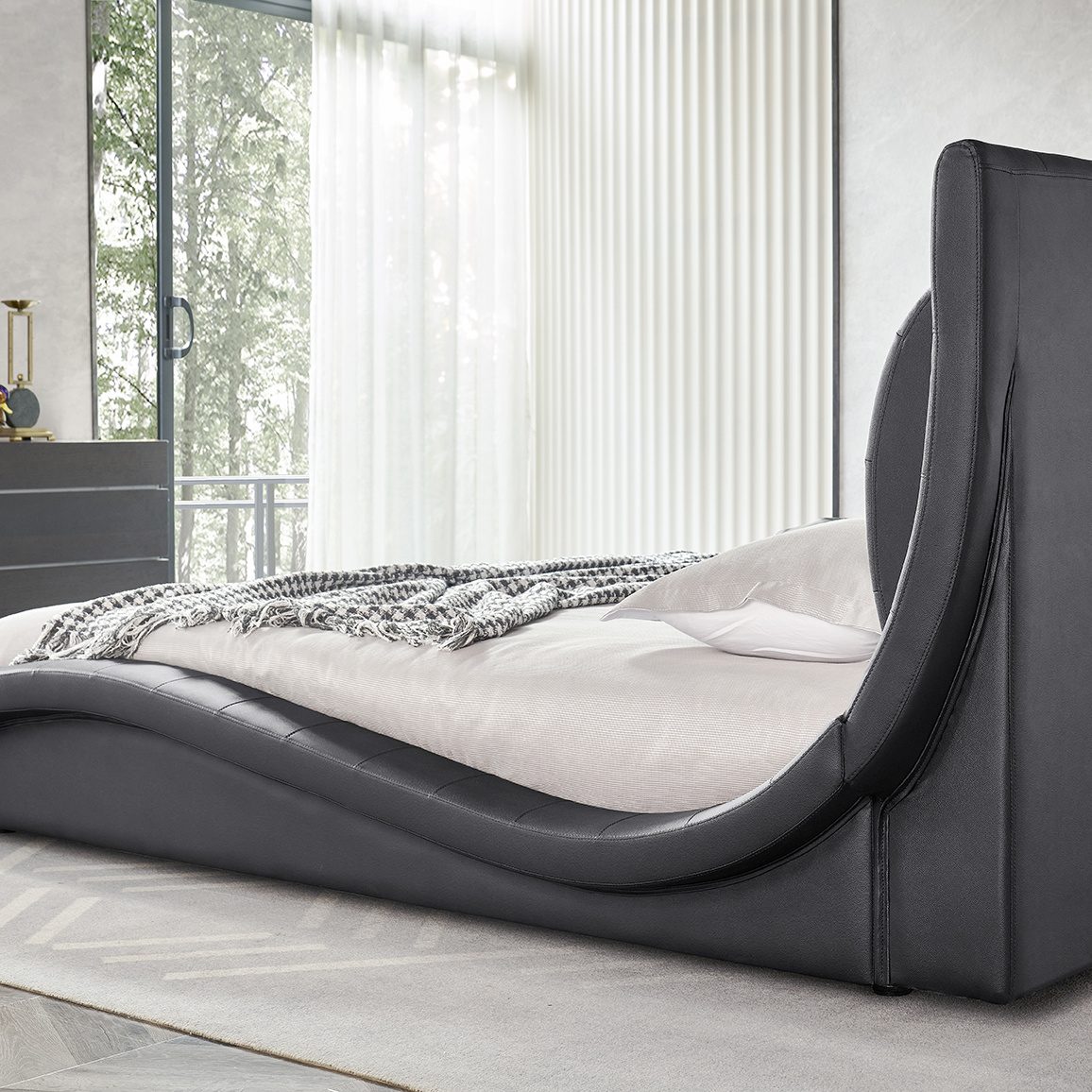 Design Upholstered Bed St. Tropez in Black with Leather Buttons Design Upholstered Bed St. Tropez in Black with Leather Buttons