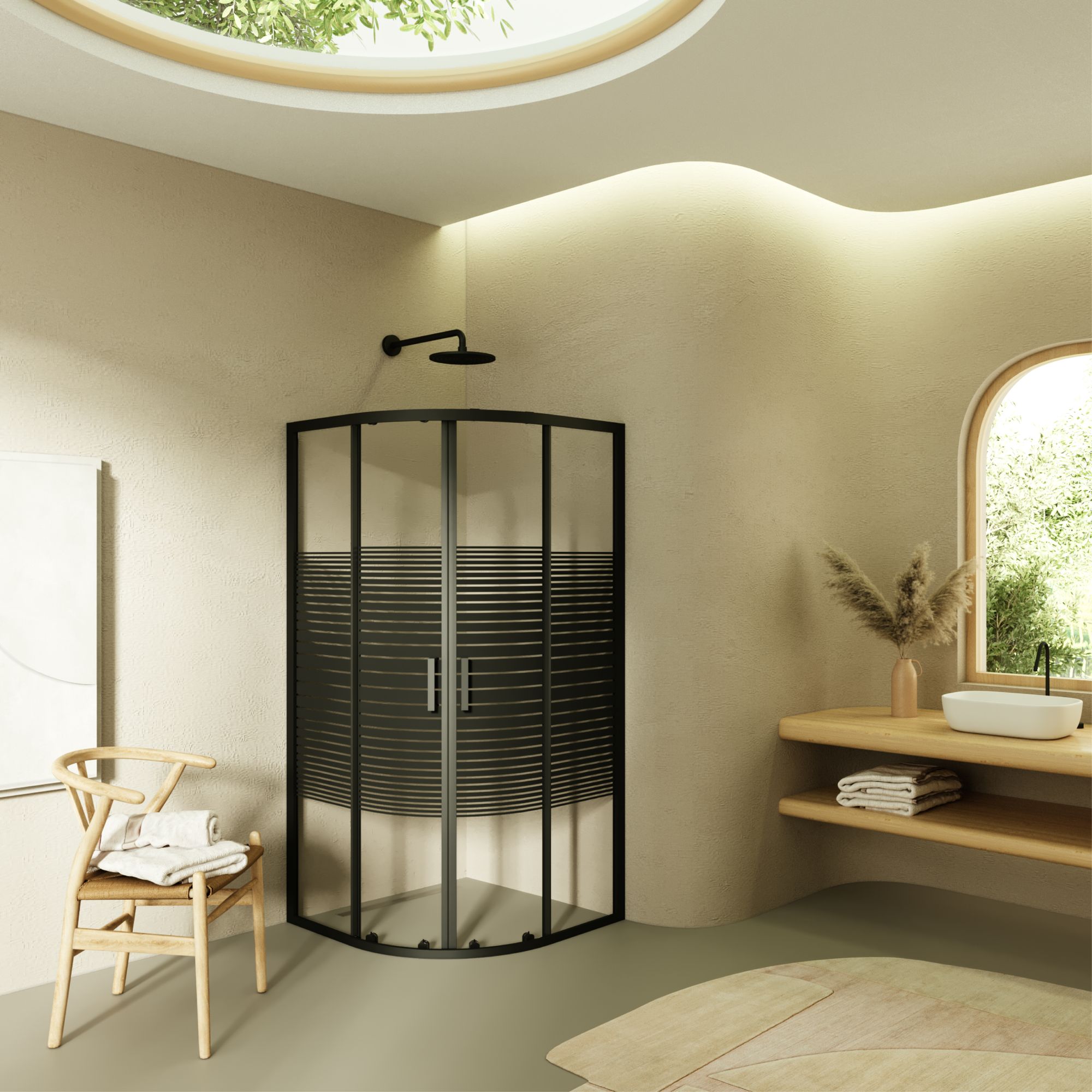 Viertelkreisdusche Ella mit Schiebetüren aus gestreiftem ESG Glas mit schwarzen Aluminium Profile