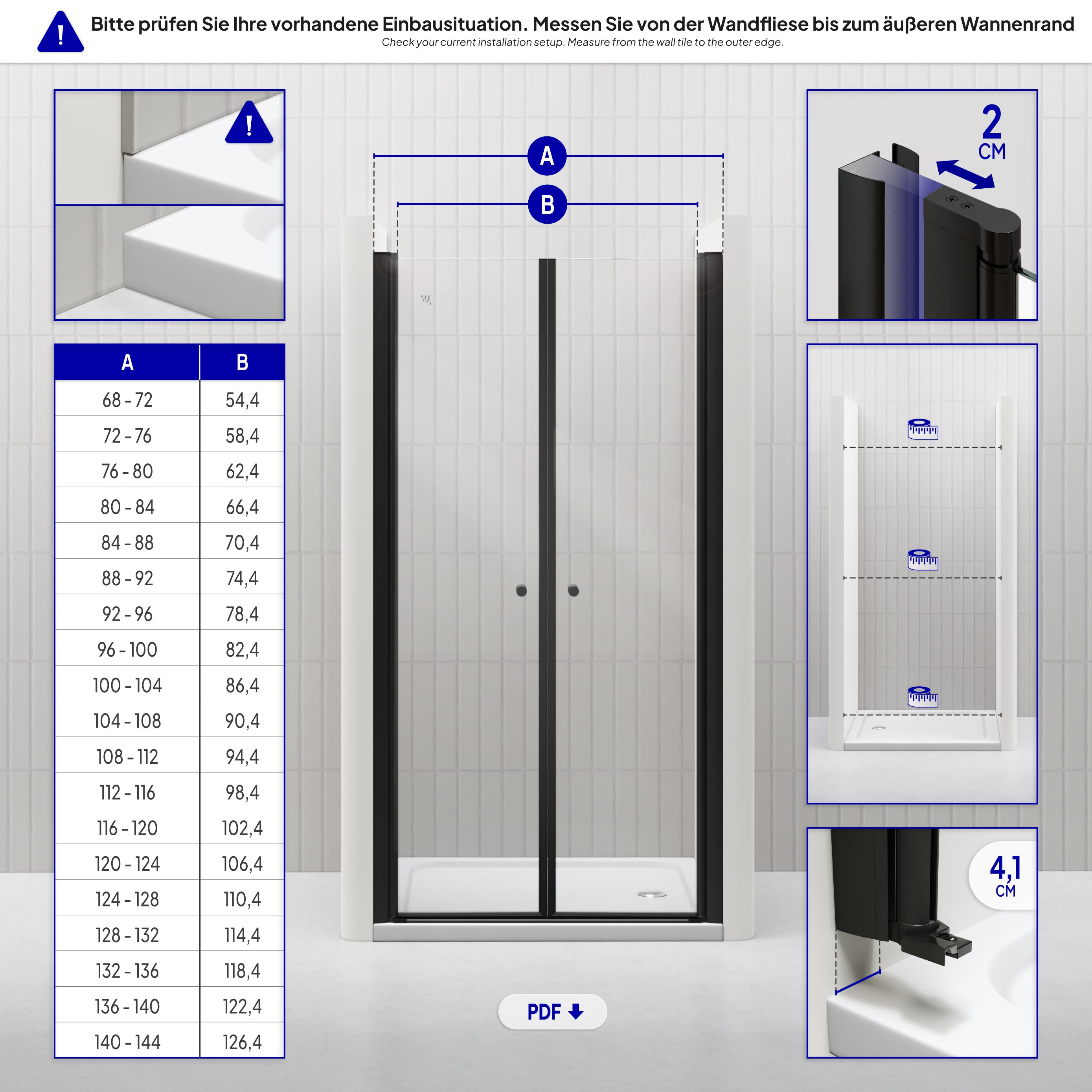 Shower Door Lima BLACK with Hinged Doors 68-140 cm made of ESG Safety Glass Shower Door Lima BLACK with Hinged Doors 68-140 cm made of ESG Safety Glass