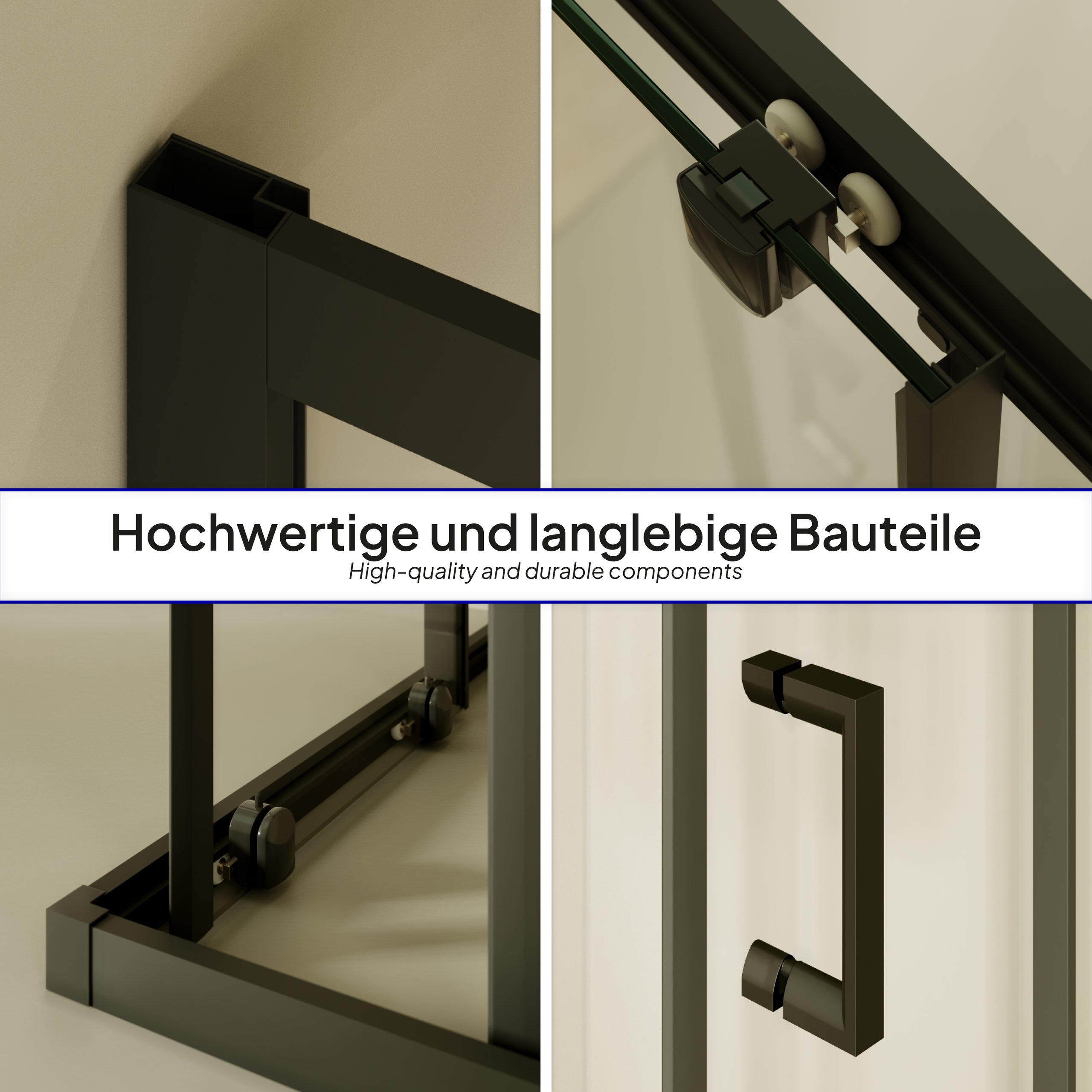 Corner entry Danielle with sliding doors and black profiles made of ESG safety glass.