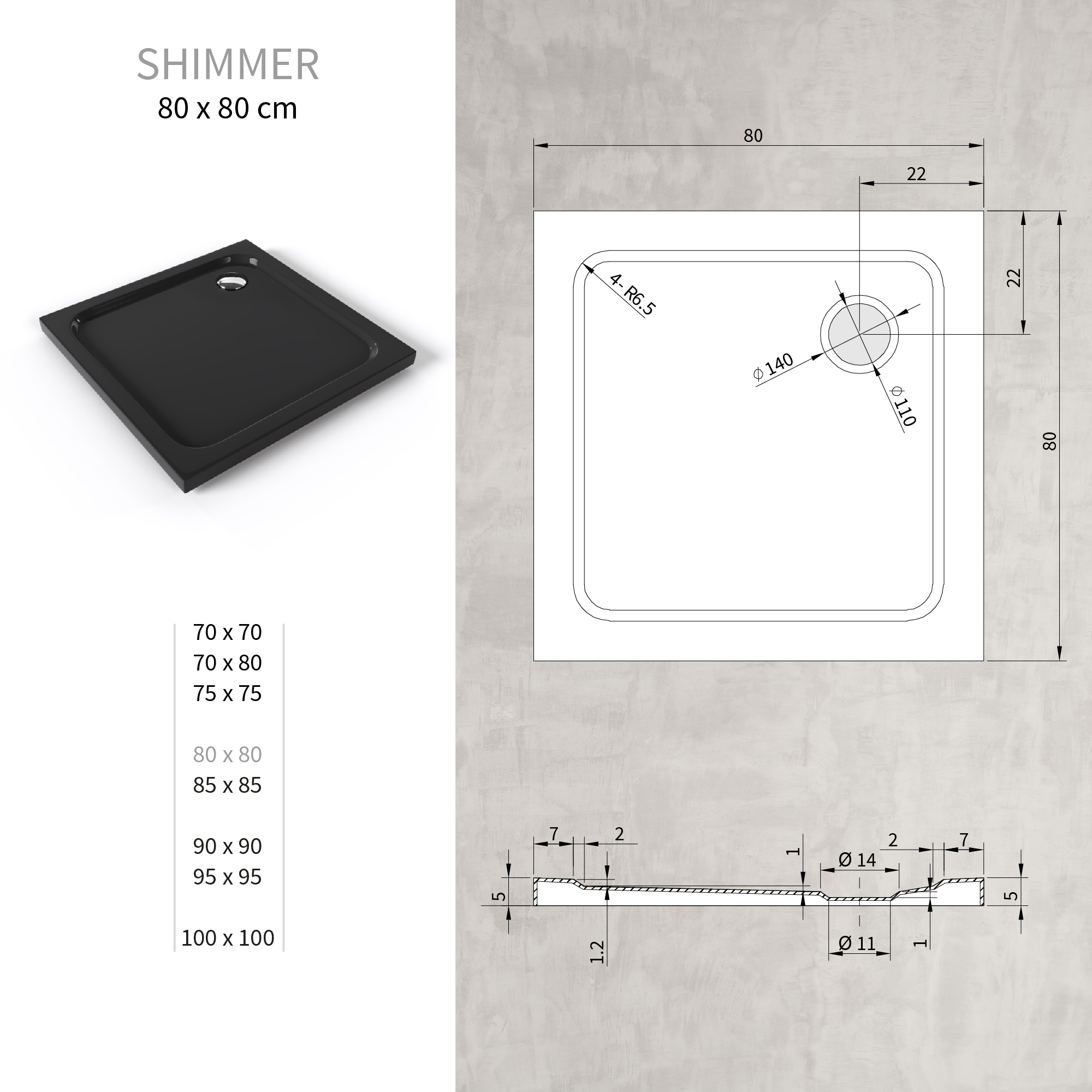 Shimmer – Duschwanne aus Sanitäracryl inkl. Ablaufgarnitur - Schwarz