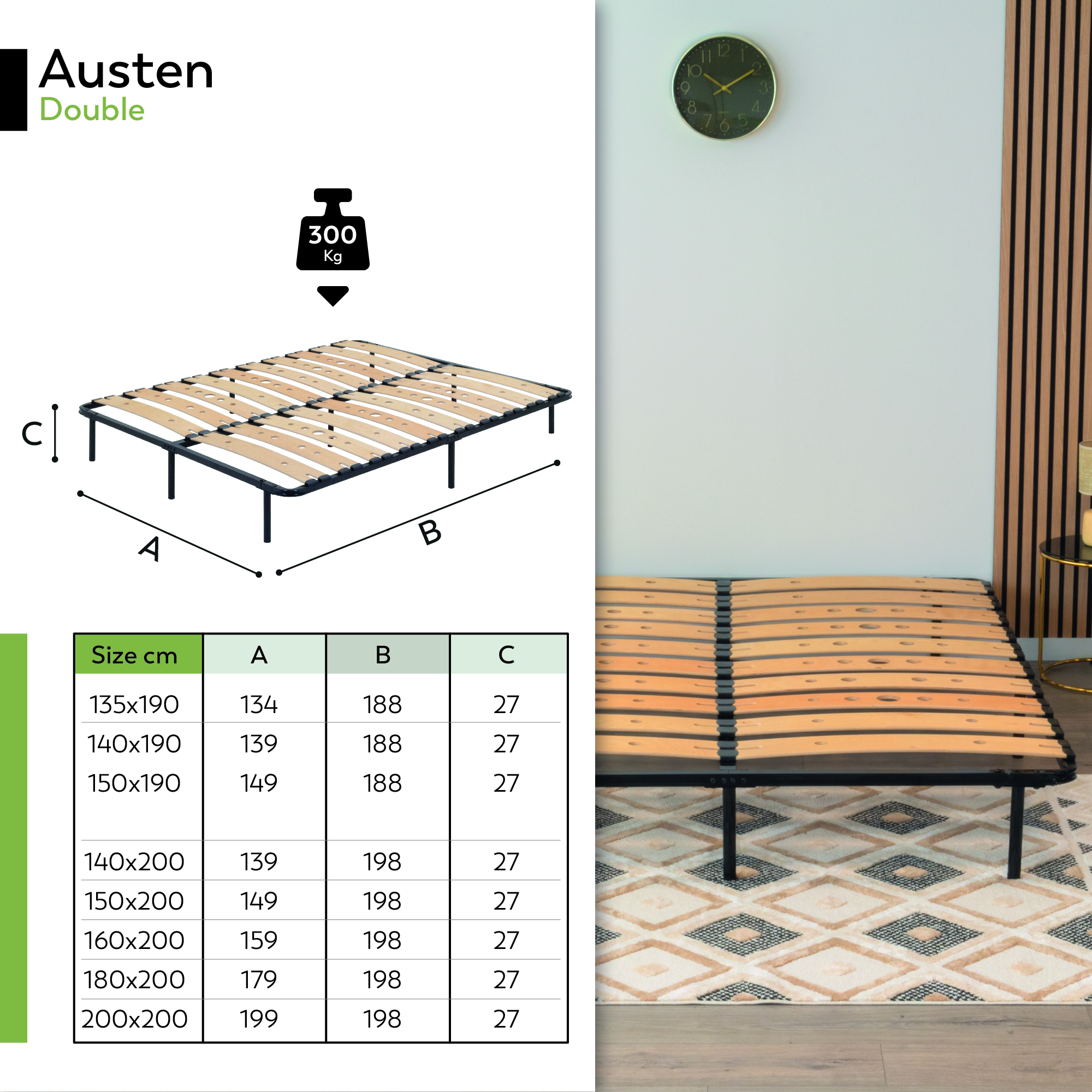 Metallbett AUSTEN BLACK mit Holzlamellen – Stabiler Metallrahmen in Schwarz, 23 cm Höhe & praktische Unterbett-Aufbewahrung 90x200
