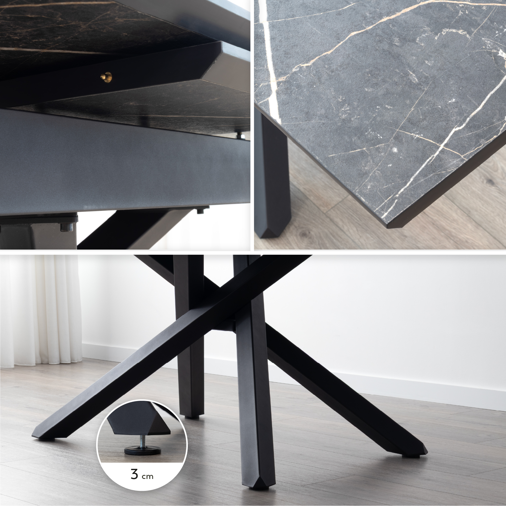 TAYLOR – Ausziehbarer Esstisch und Küchentisch mit 2,5 cm Melamin-Tischplatte in Marmoroptik und schwarzem Metallgestell TAYLOR – Ausziehbarer Esstisch und Küchentisch mit 2,5 cm Melamin-Tischplatte in Marmoroptik und schwarzem Metallgestell