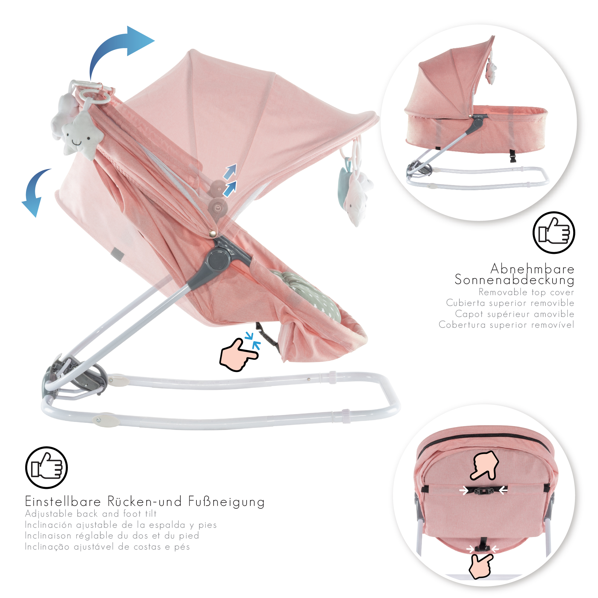 Babywippe PAVO mit Wiegenfunktion und Spielebogen