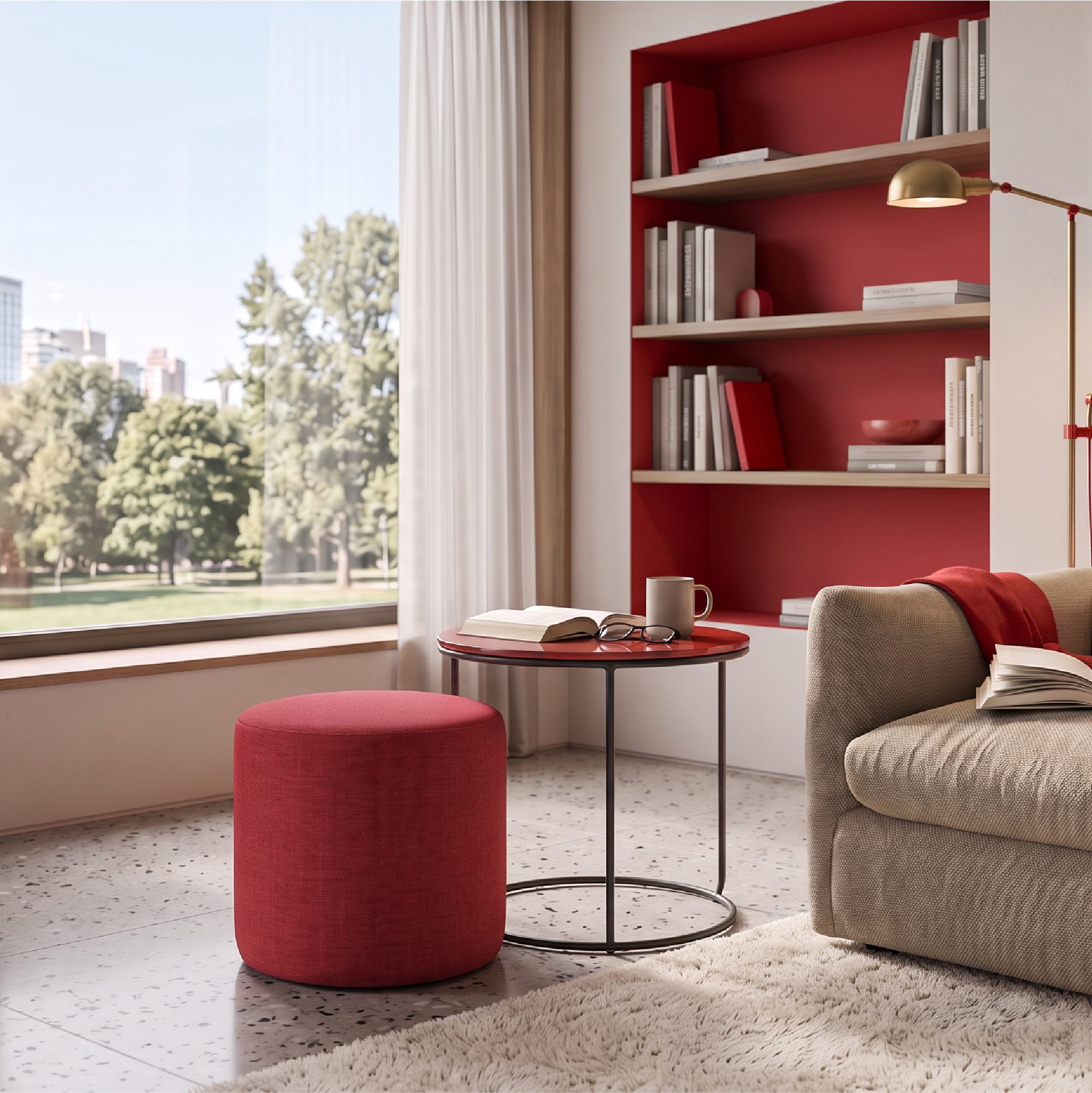 Side Table with Stool JASPER - Round Coffee Table 40x40 cm Black-Red N6