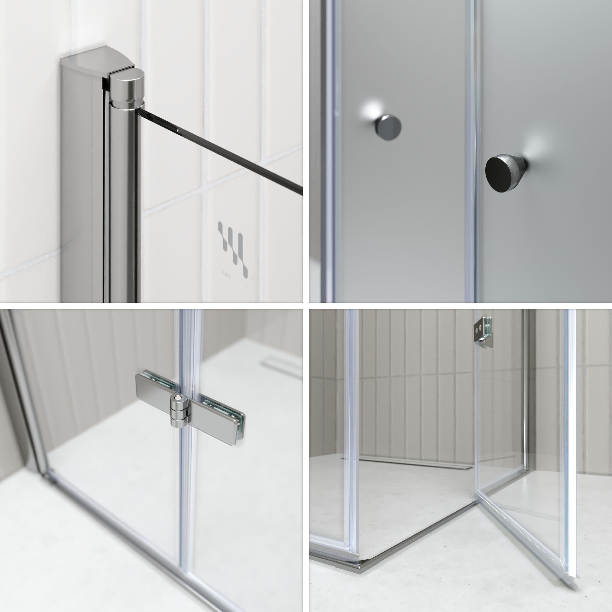 Eckeinstieg Emma mit Falttüren aus teilsatiniertem ESG Sicherheitsglas